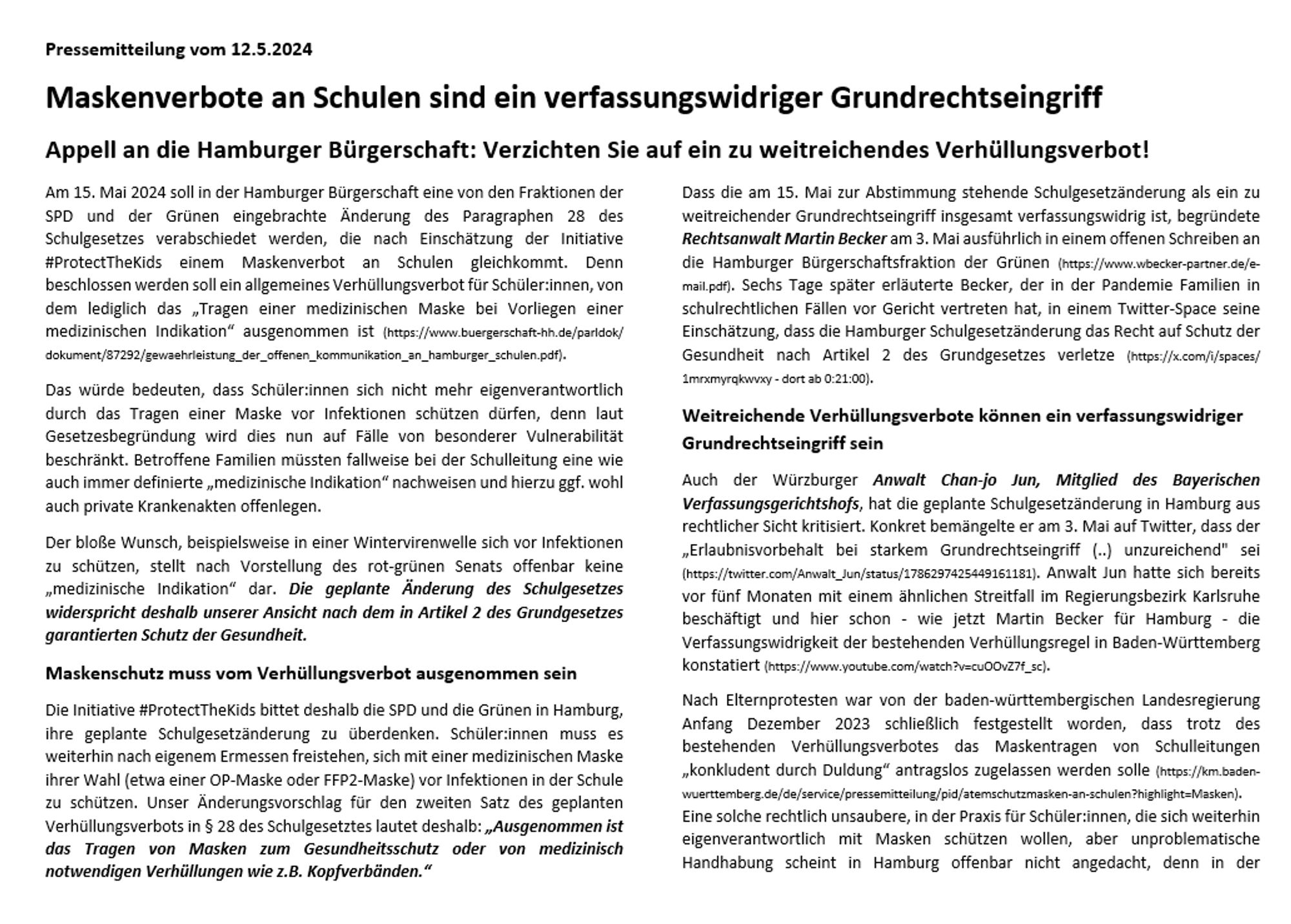 ALT-Text:
Screenshot der ersten Seite des PDFs der Pressemitteilung, zu finden unter folgendem Link:
➡️https://luftfilterjetzt.de/presse/downloads/pdf/Pressemitteilung_Hamburger_Maskenverbot_2024_5_12.pdf
Link zur Pressemitteilung vom 12.5.2024 auf der Webseite der Initiative #ProtectTheKids:
➡️https://luftfilterjetzt.de/presse/2024/05/12.html