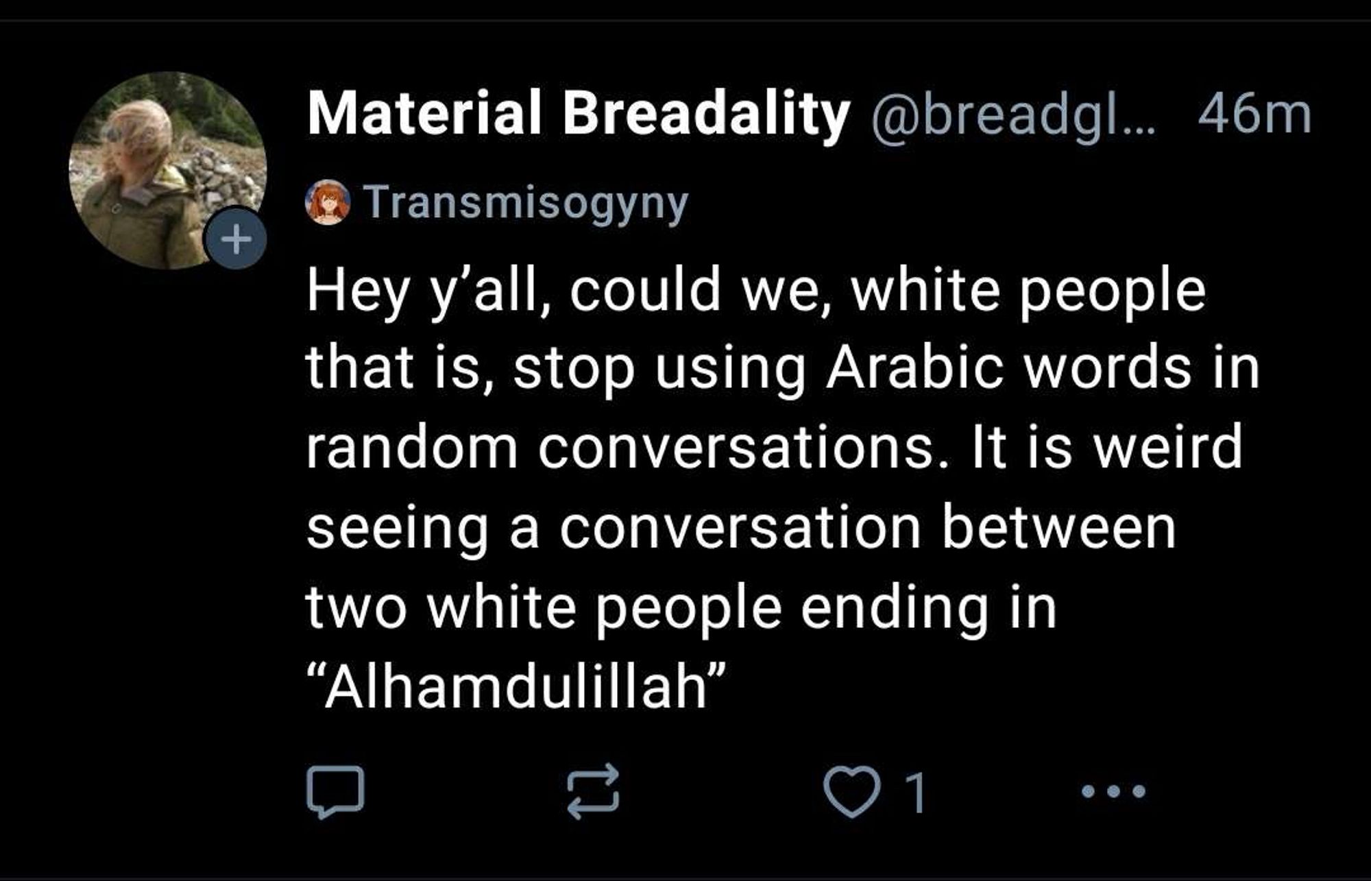 Material Breadality @breadgl... 46m
Transmisogyny
Hey y'all, could we, white people that is, stop using Arabic words in random conversations. It is weird seeing a conversation between two white people ending in
"Alhamdulillah"