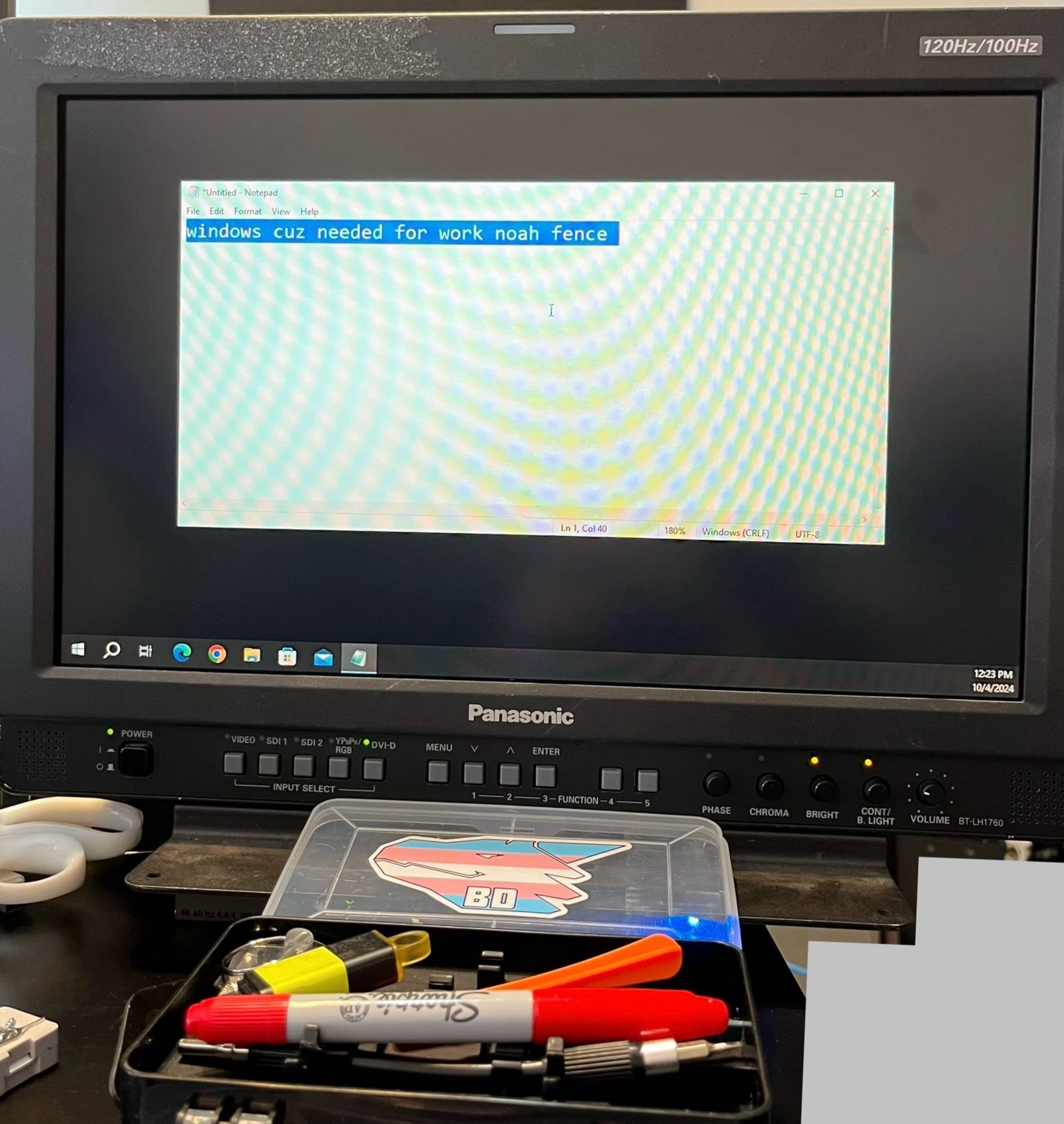 this is a mercury lamp professional video editing LCD that supports 120hz at 720p. it is hot garbage that is totally pointless which is why i have it set up. on the monitor is my screwdriver set with a bad dragon trans pride sticker on the cover and my ventoy usb with my windows 10, win 11, and linux mint installers and kali live usb with optional persistence. also i have custom unattend.xml files for my windows installers that skips the cortana microsoft account shit