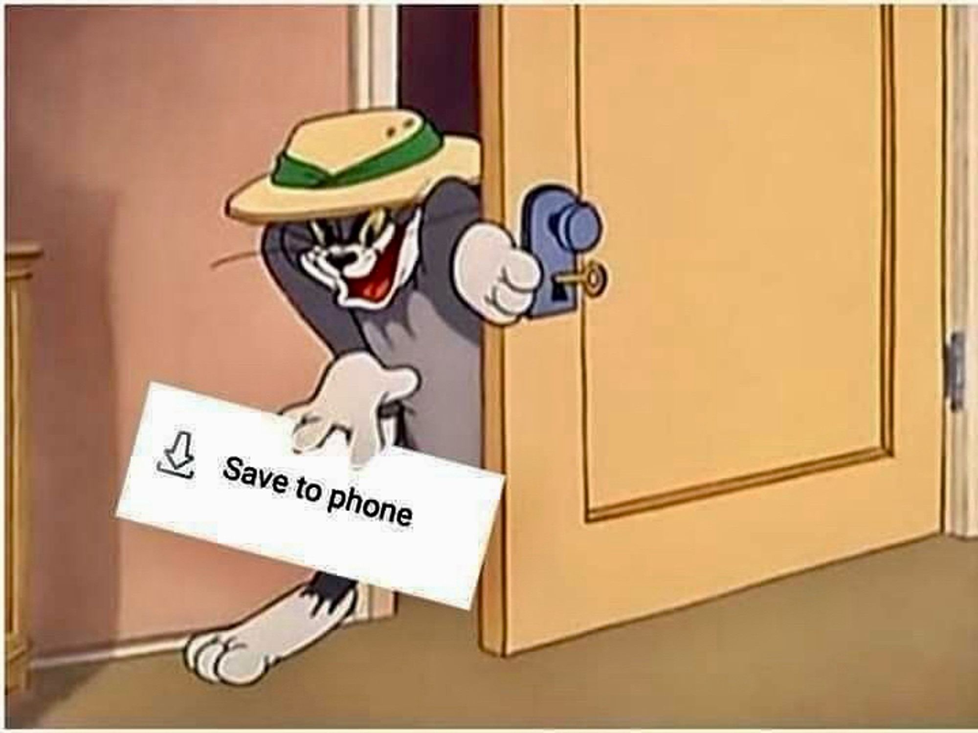 A still image from the cartoon Tom and Jerry, where Tom is grinning menacingly and leaving a room. Someone has photoshopped in a white rectangle with the phrase “Save to phone” in his hand to denote the poster of the image saving the OP’s posted image for their own use.