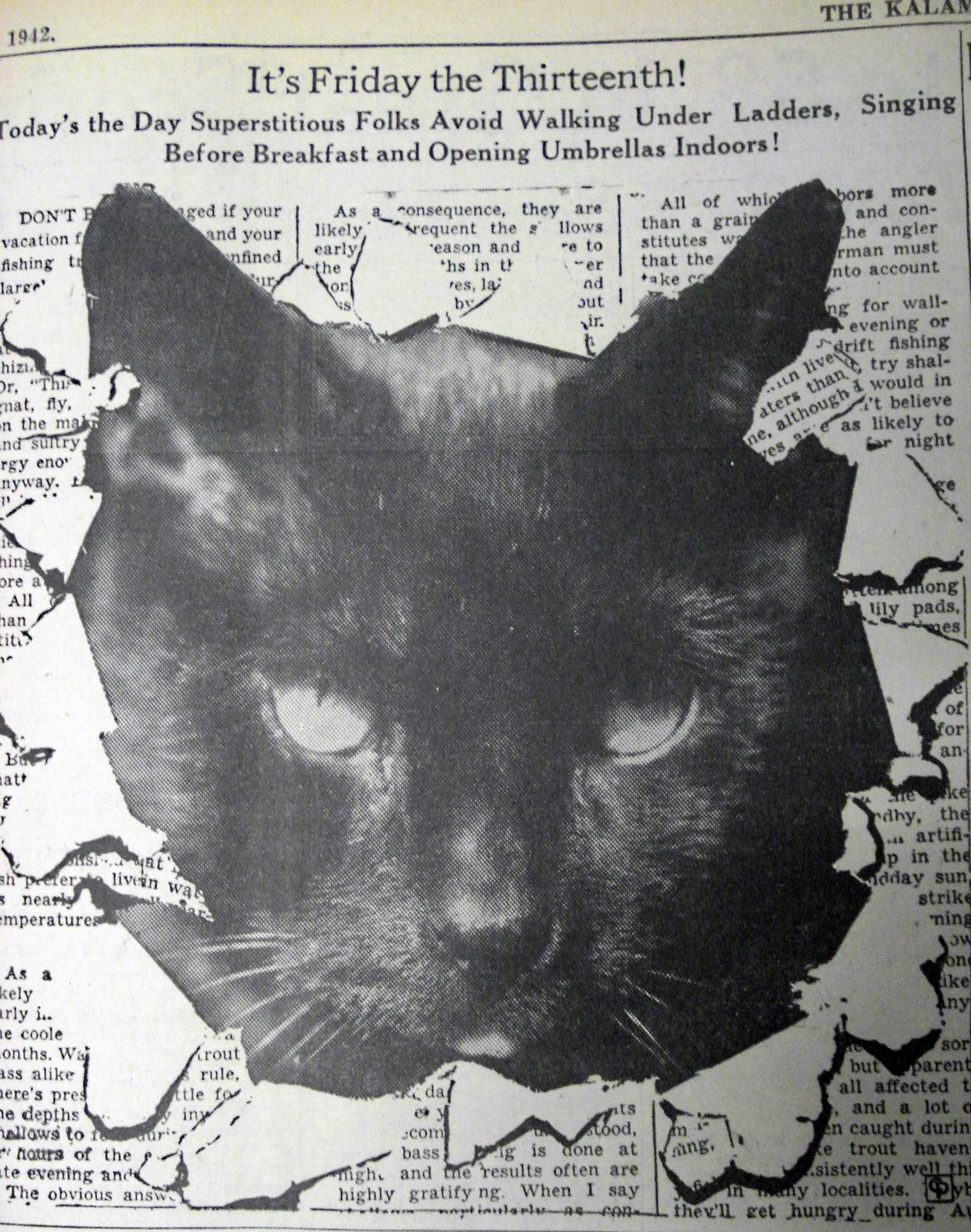 A black cat's face is superimposed over a newspaper clipping from 1942. The newspaper clipping is talking about Friday the 13th superstitions.