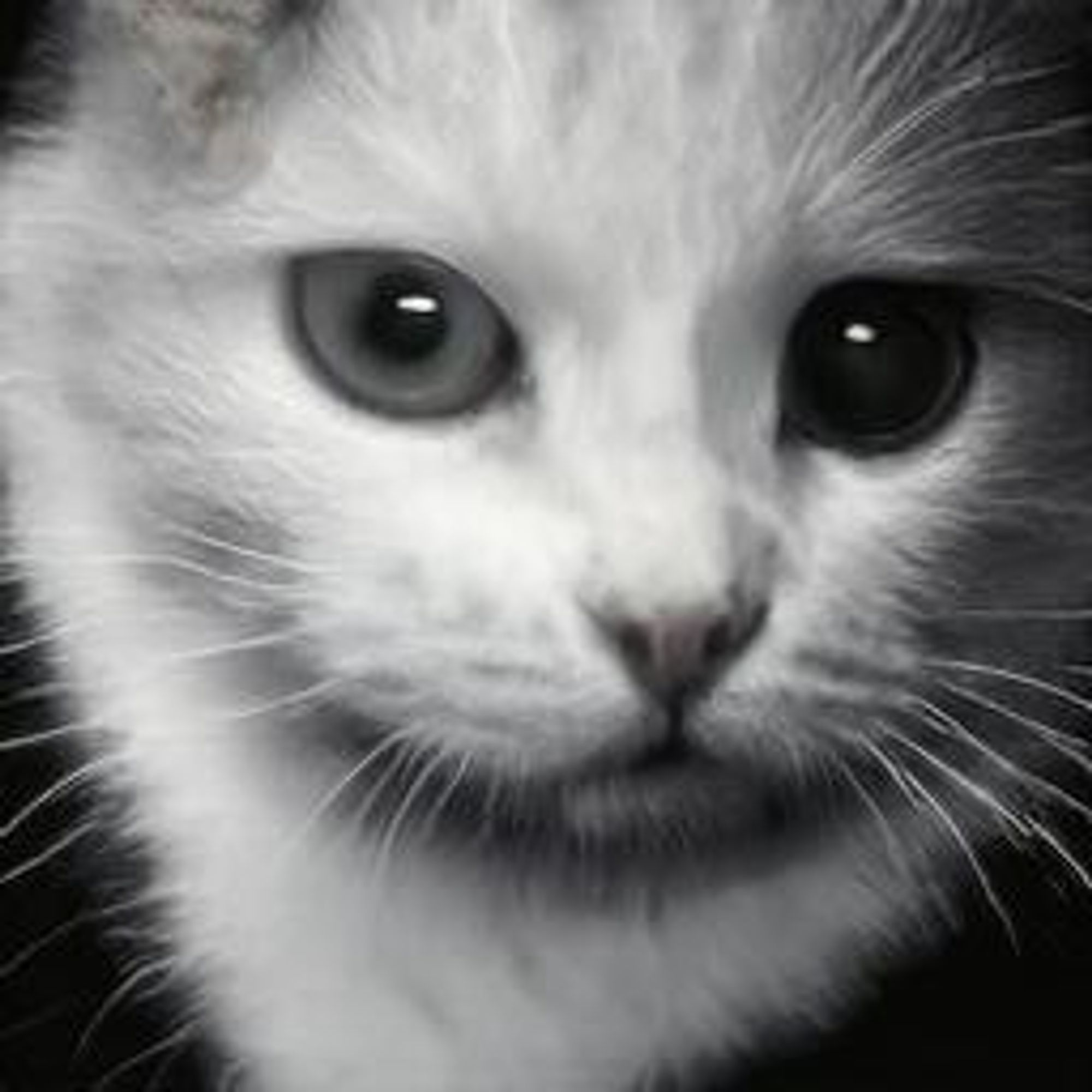 A close-up of an AI-generated image of a white cat with one blue eye and one black eye. The cat has a serious expression and appears to be looking directly at the viewer.