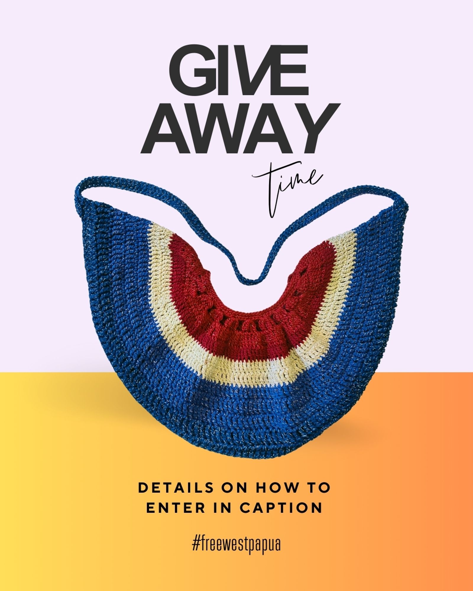 Photo of a West Papuan noken bag in red, white, and blue along with the text: "Give Away time! Details on how to enter in caption. #freewestpapua"