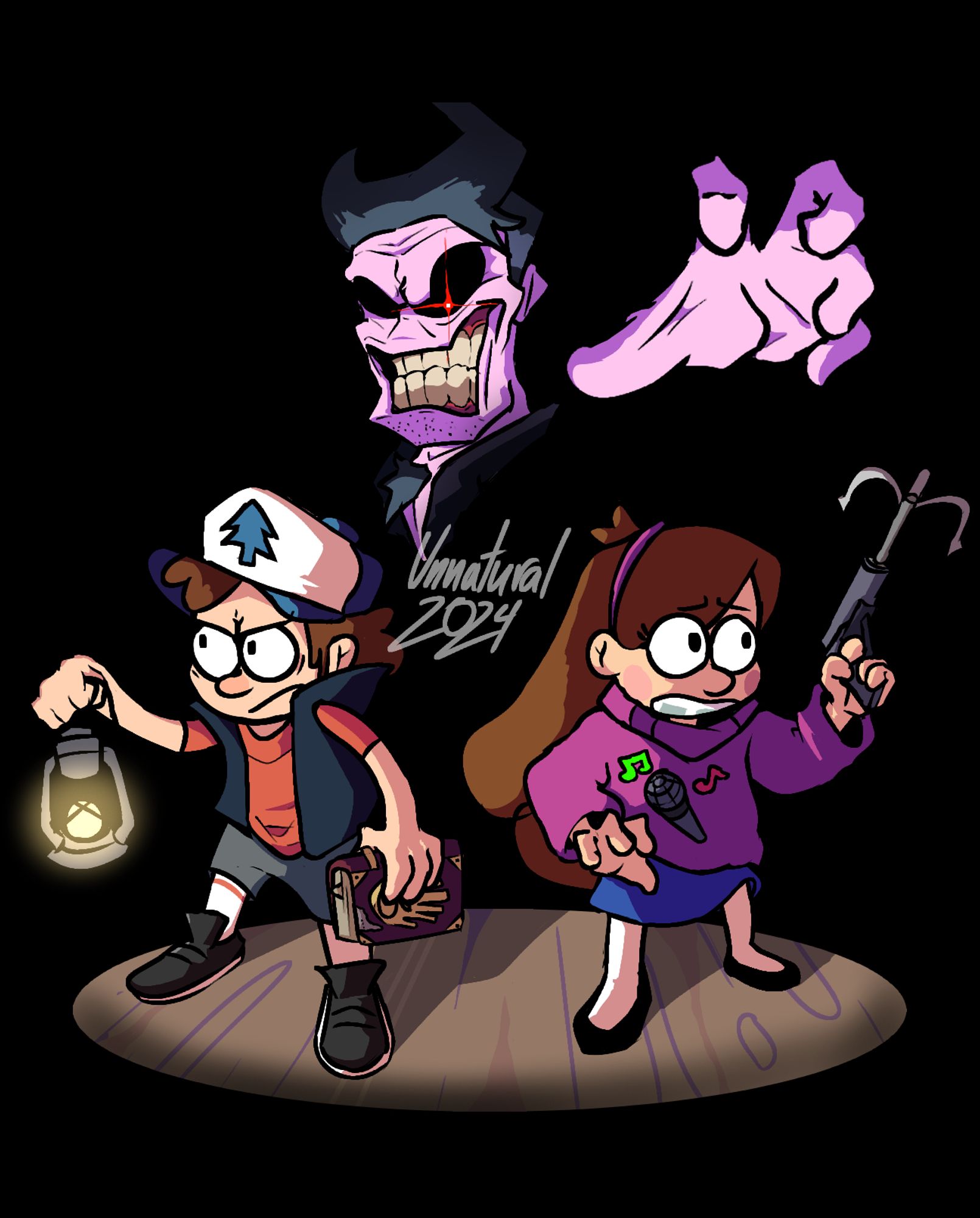 Dipper and Mabel Pines from Gravity Falls standing in a dark room with the only light being a lantern. The two look terrified, unaware that Daddy Dearest from Friday Night Funkin' is reaching a hand out above them to catch the twins, emerging from the shadows behind them.