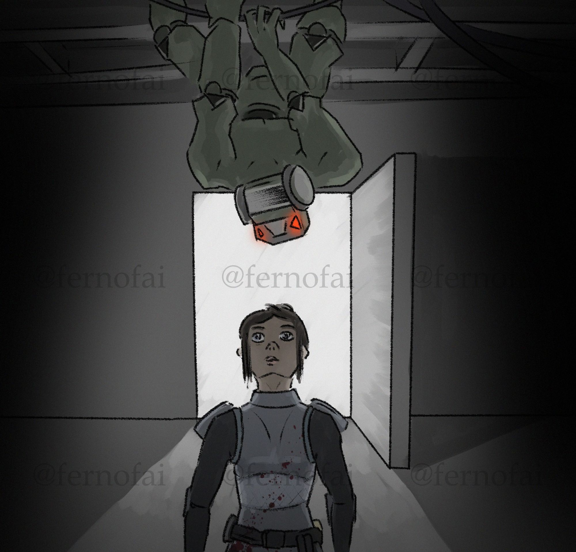 Desaturated drawing of a female cop looking up to a monster hanging from the ceiling in a dark room.