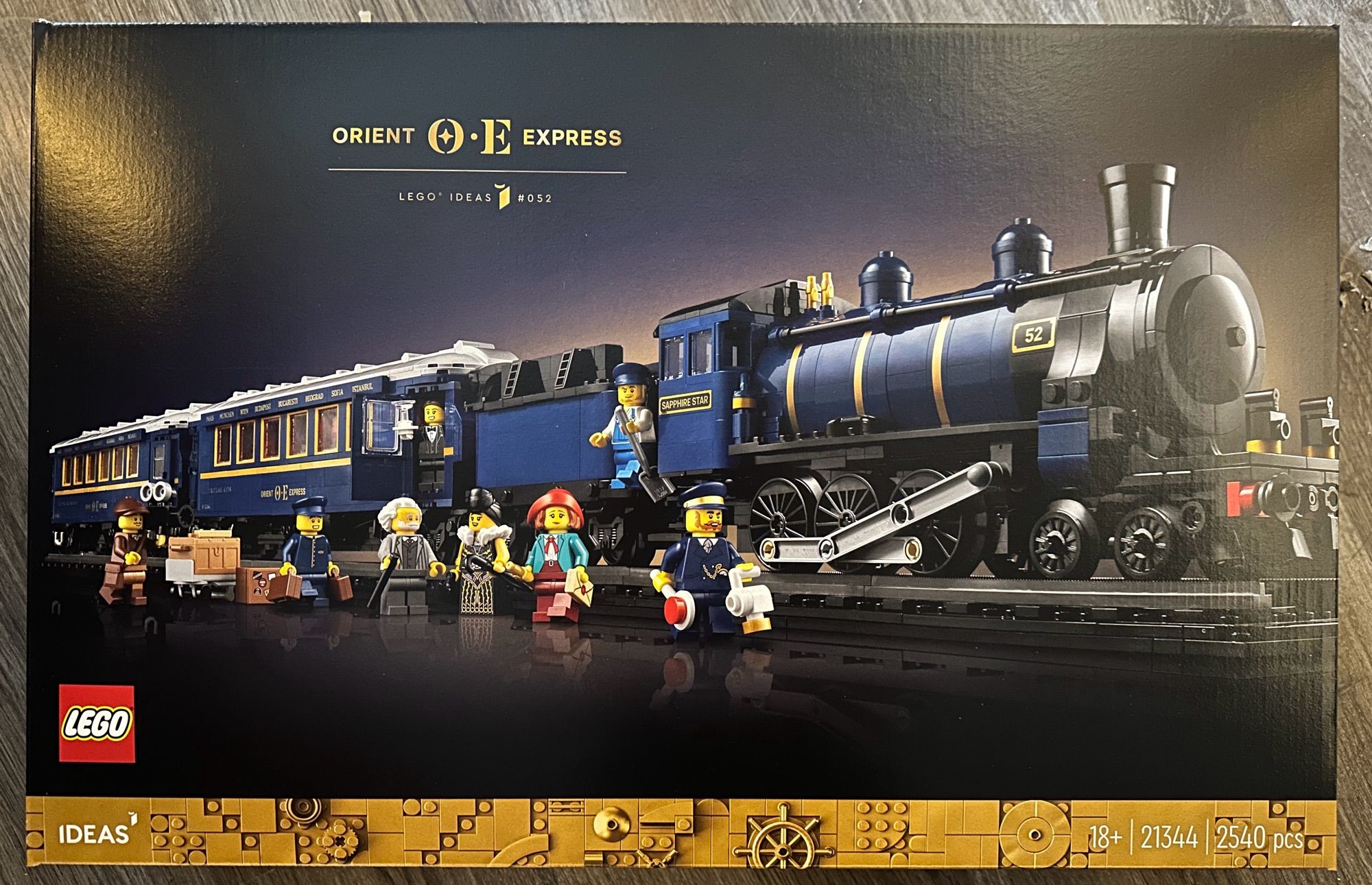 A Lego box of a model set to build the Orient Express steam train.