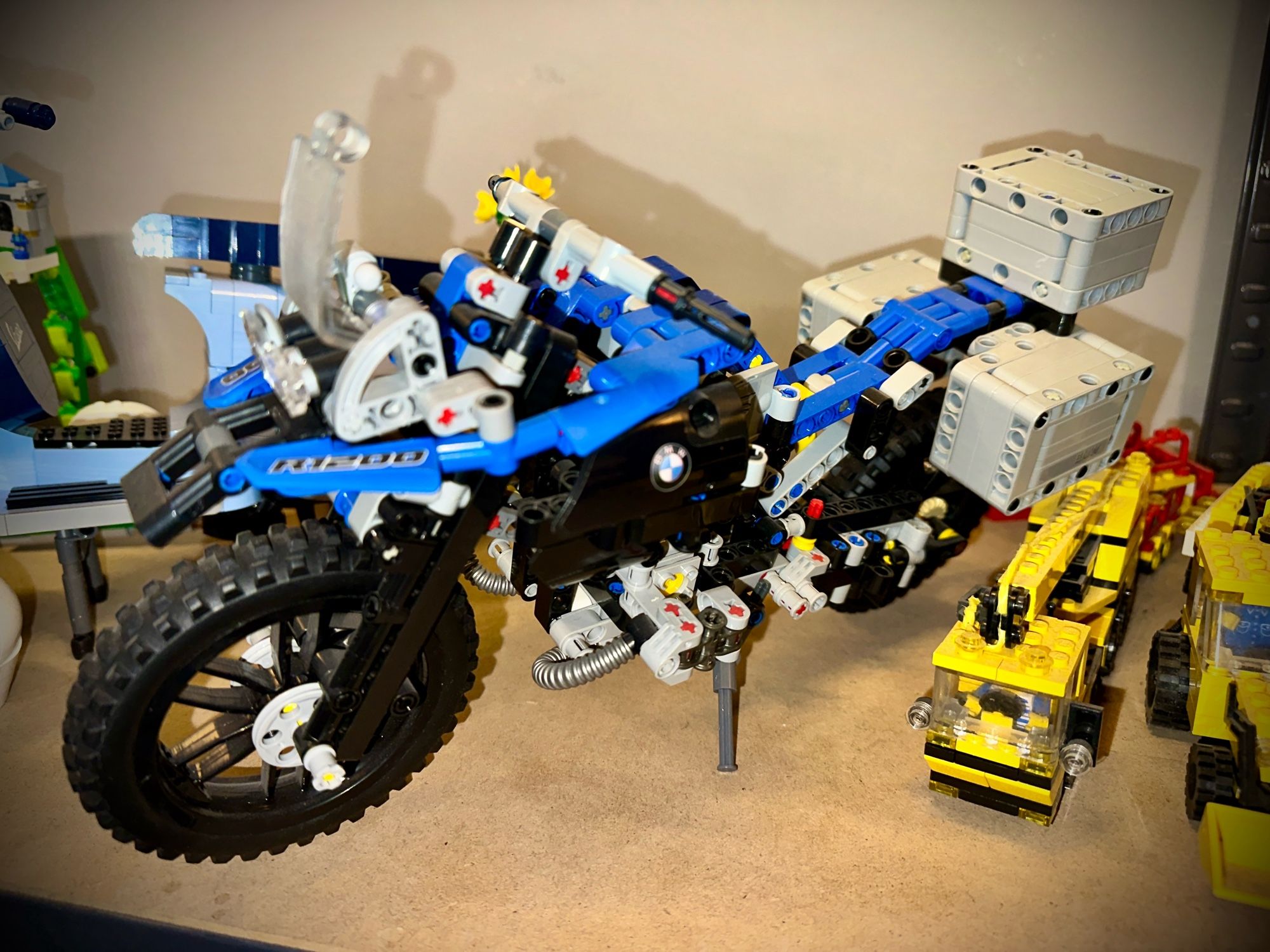 A large Lego model of a BMW R1200 endurance motorbike.