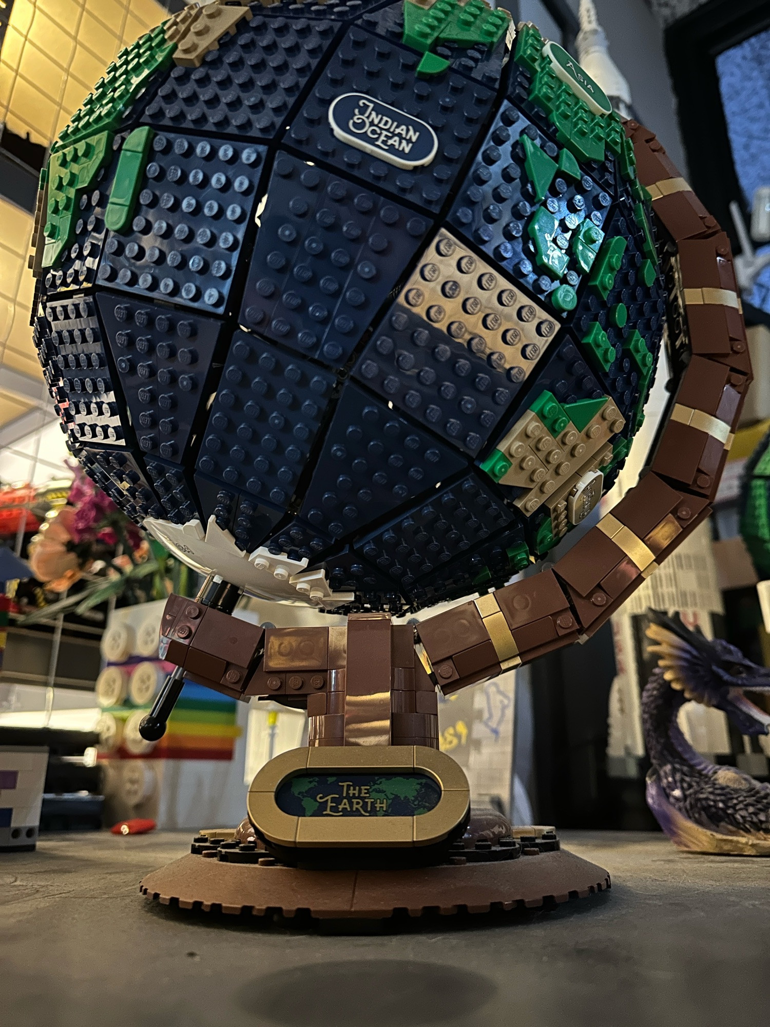 A Lego model of a globe. 