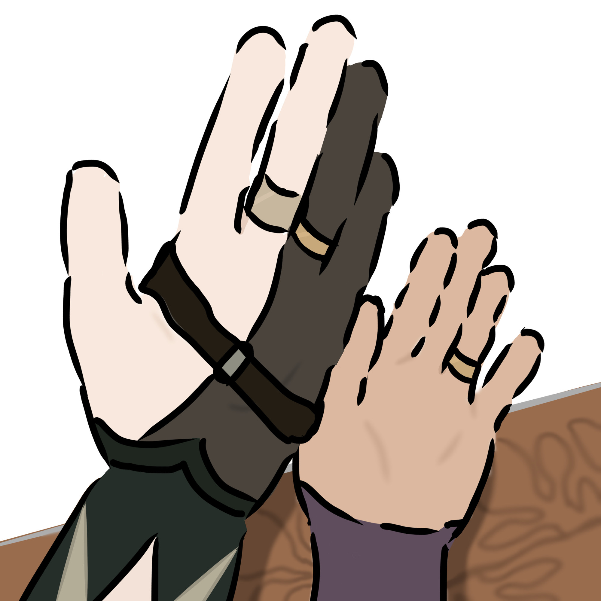 Drawing of Alhaitham’s left hand besides Cyno’s left. Alhaitham’s hand is almost twice as large. Both wear golden wedding bands on their ring fingers.