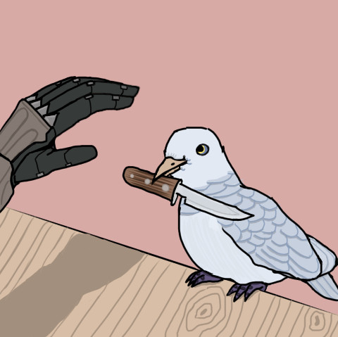 Image of Boothill’s hand reaching out to touch pigeon Sunday, holding a knife in his beak.