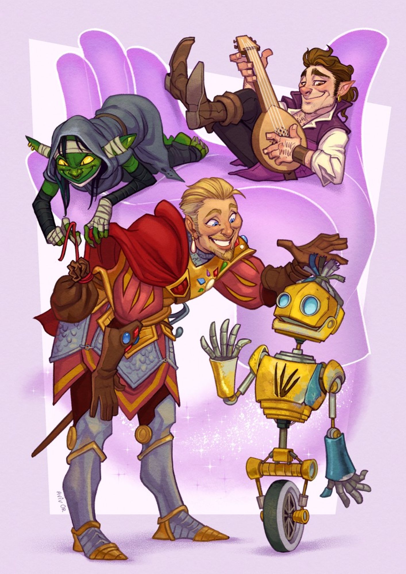 A digital illustration of Sam's characters. A floating Bigby's Hand fills the top half of the canvas, with a smiling Scanlan reclining on the thumb and finger, playing a lute. Nott is crouching on the other fingers, leaning down to gingerly untie a money pouch from an unsuspecting Taryon Darrington. The latter is leaning forward and away from her, and petting the cable updo atop FCG, who's cheerfully waving at Taryon.