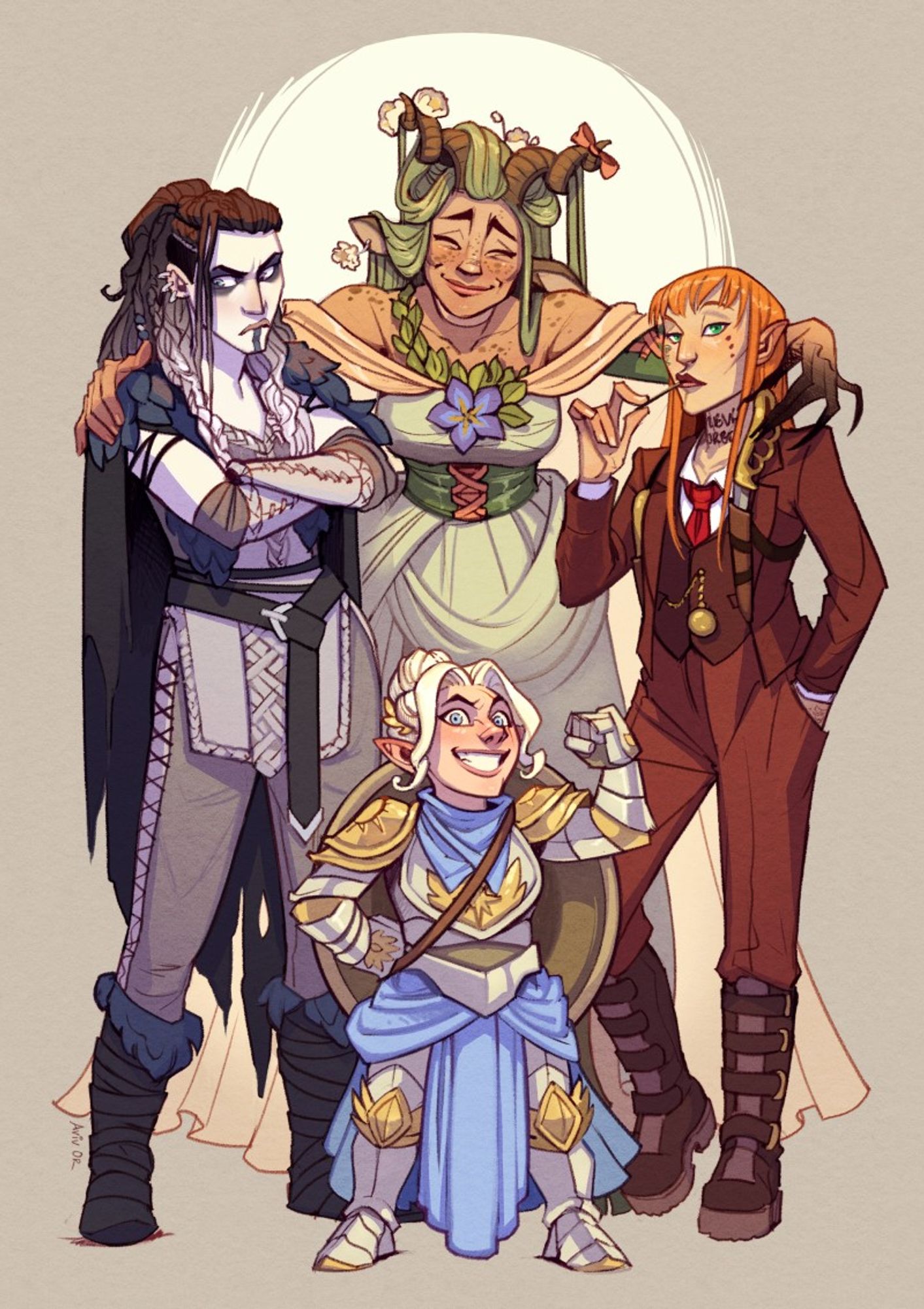 A group shot illustration of Ashley's characters. Fearn smiling with her arms around Yasha and Damian (while deftly swiping one of her daggers), and Pike is in the front striking a muscle pose.