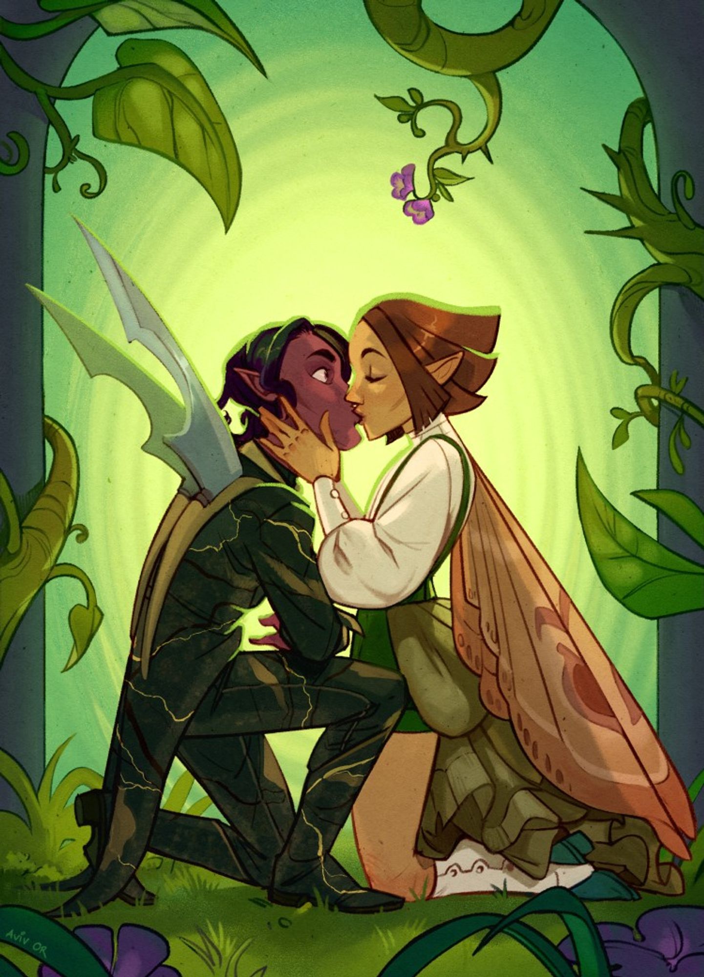 A slightly sketchy colour illustration of Dimension 20's "A Court of Fey and Flowers". Binx is kissing a surprised Andhera against a green open portal with some vines wrapping around it