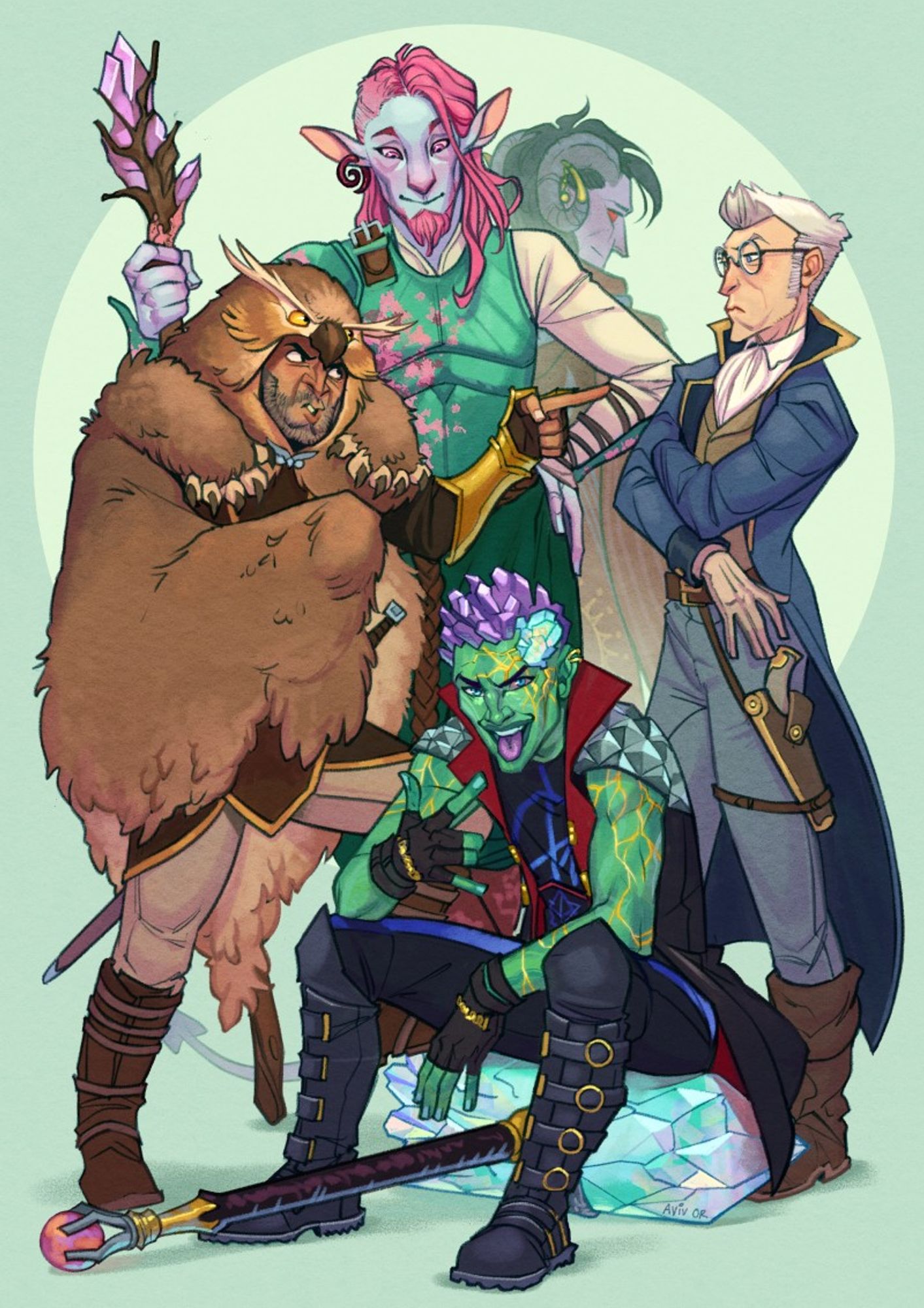 Taliesin's characters standing in a group against a light green background. Ashton is sitting on his hammer in front, giving the horns and smiling punkishly at the viewer; above him The Owlbear (from The Darrington Brigade) is pointing his finger menacingly at Percy, who is standing cross-armed and looking unimpressed while discreetly reaching for his pistol; above and behind them Caduceus is leaning on his staff, hand on hip, looking down at Ashton with a gentle amused smile; behind him, half-faded into the background, Molly is standing with his back to the view, looking back over his shoulder.