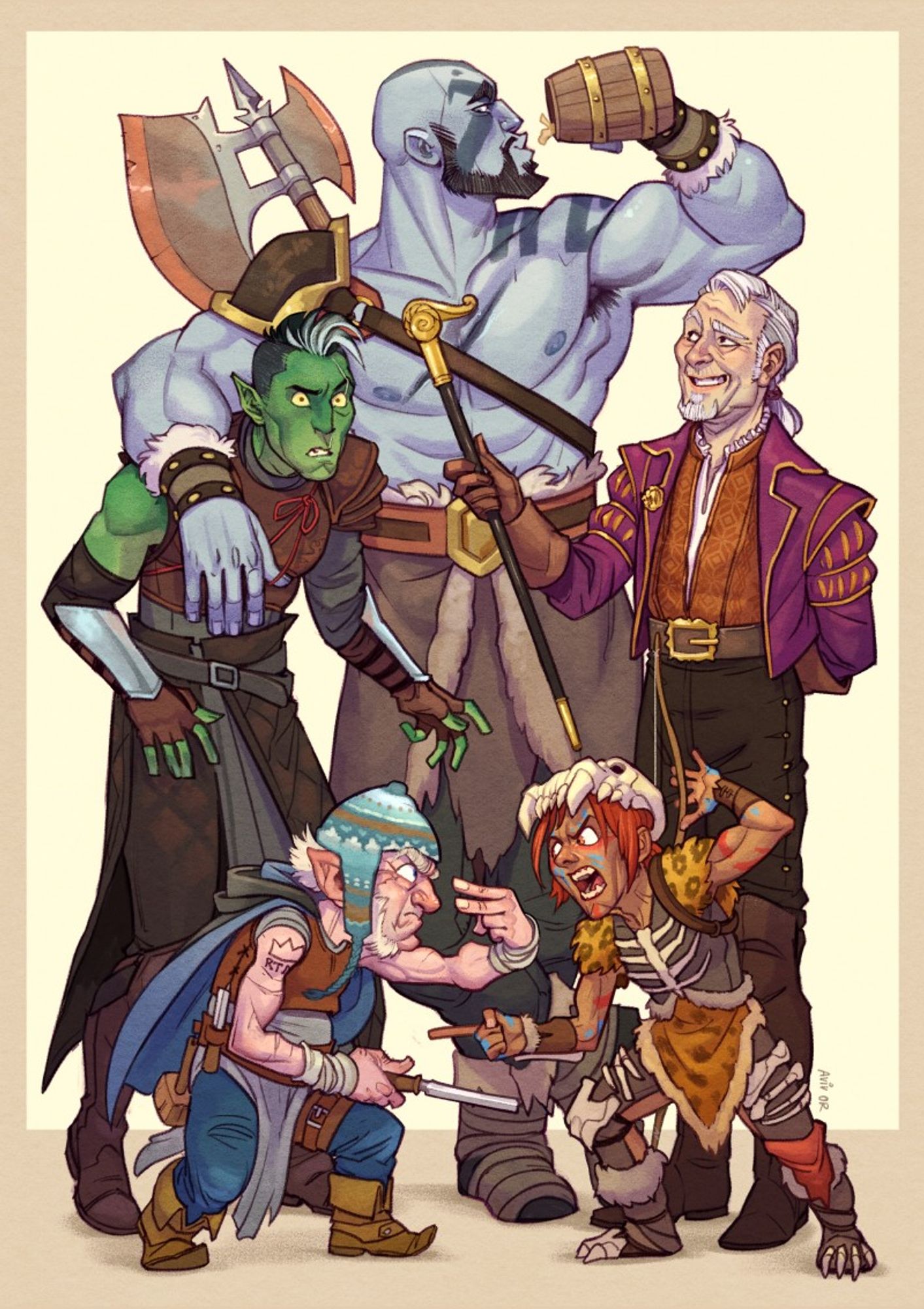 Colour illustration with a composition of [most of] Travis Willingham's Critical Role characters: [from top clockwise] Grog taking a swig from a tankard; Bertrand Bell looking smug and pointing his cane at Grog's chest; Macaroni reaching for his bow and pointing and yelling...; at Chetney, who has a chisel drawn and is doing the "I am watching you" V-fingers; and Fjord is knocked slightly off-balance from Grog's arm that's resting on his shoulder.