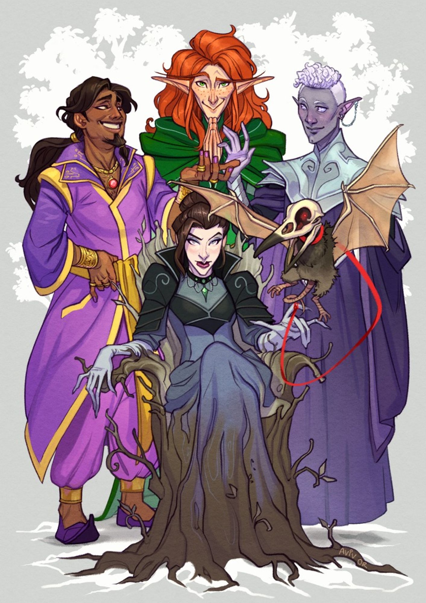 An illustration showing several iconic Critical Role NPCs in a group shot. In the foreground, sitting on / emerging from a dry tree throne, is Delilah Briarwood, wearing a cocky expression. A red string is tied to one of her fingers, and the other end of it is wrapped around the neck of Pâté, who's flying closest to the viewer with a happy expression on his bony face. Gilmore and Essek are standing behind Delilah, Gilmore holding out his hand with a wide smile to a slightly coyer Essek. And behind them all in the centre, Artagan stands with his hands in prayer, looking at the viewer with a smile and a cocked eyebrow.