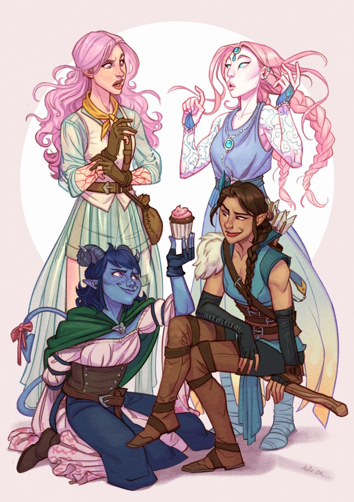 An illustration of Laura Bailey's characters against a pinkish background. In the foreground Jester is sitting on the floor and slyly offering a cupcake to Vex, who is sat legs crossed on a floating broomstick, and eyes Jester with skeptical smile. Behind them stand Imogen and Farriwen (from the Darrington Brigade one shot), looking suspiciously at each other's hair and arm markings.