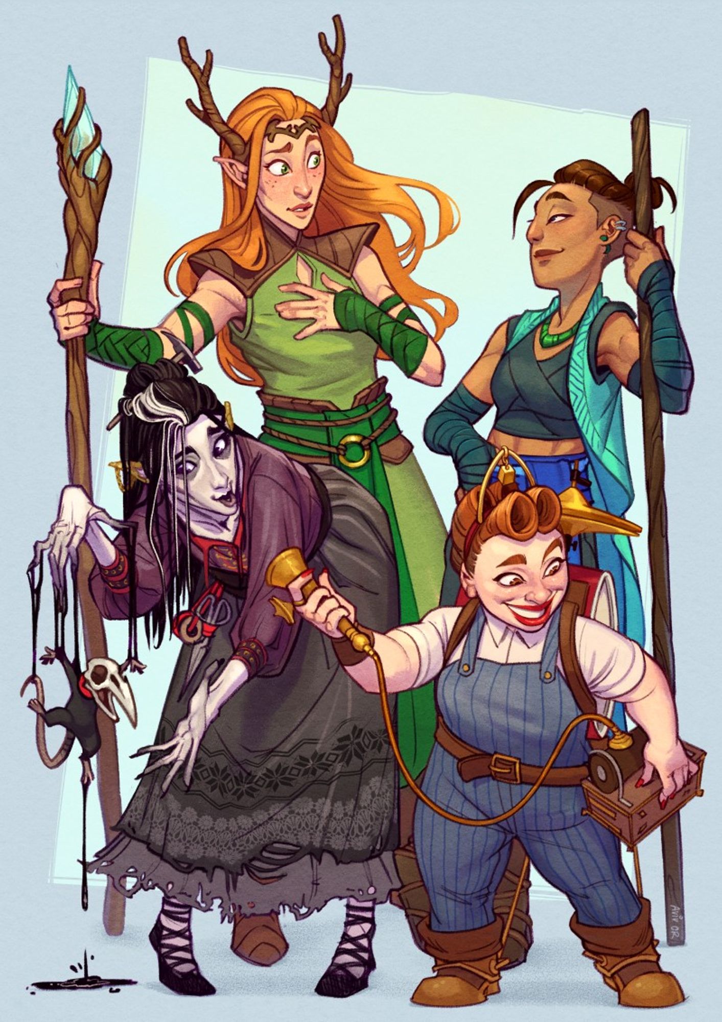 A group shot illustration of Marisha's characters. Keyleth has a hand on her chest, slightly taken aback by Beau, who's leaning on her staff and wiggling her eyebrows suggestively at the druid. Slightly lower in the frame is Laudna, puppeteering Pâté on black ichor strands and bending forward to gesture at him while speaking. To her side, Hazel Copperpot (of the Darrington Brigade) is holding up the metal horn of a phonograph to capture her voice.