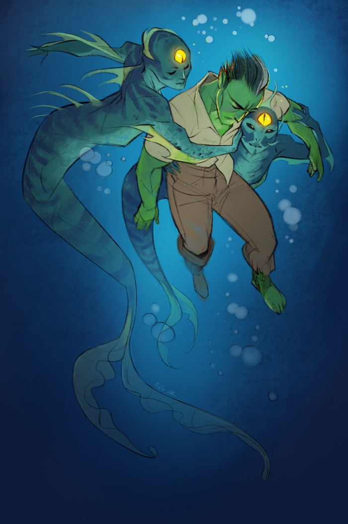 A sketchy illustration heavy in blues and greens, showing a drowning Fjord being saved by two fishy mermaids with a glowing yellow third eye