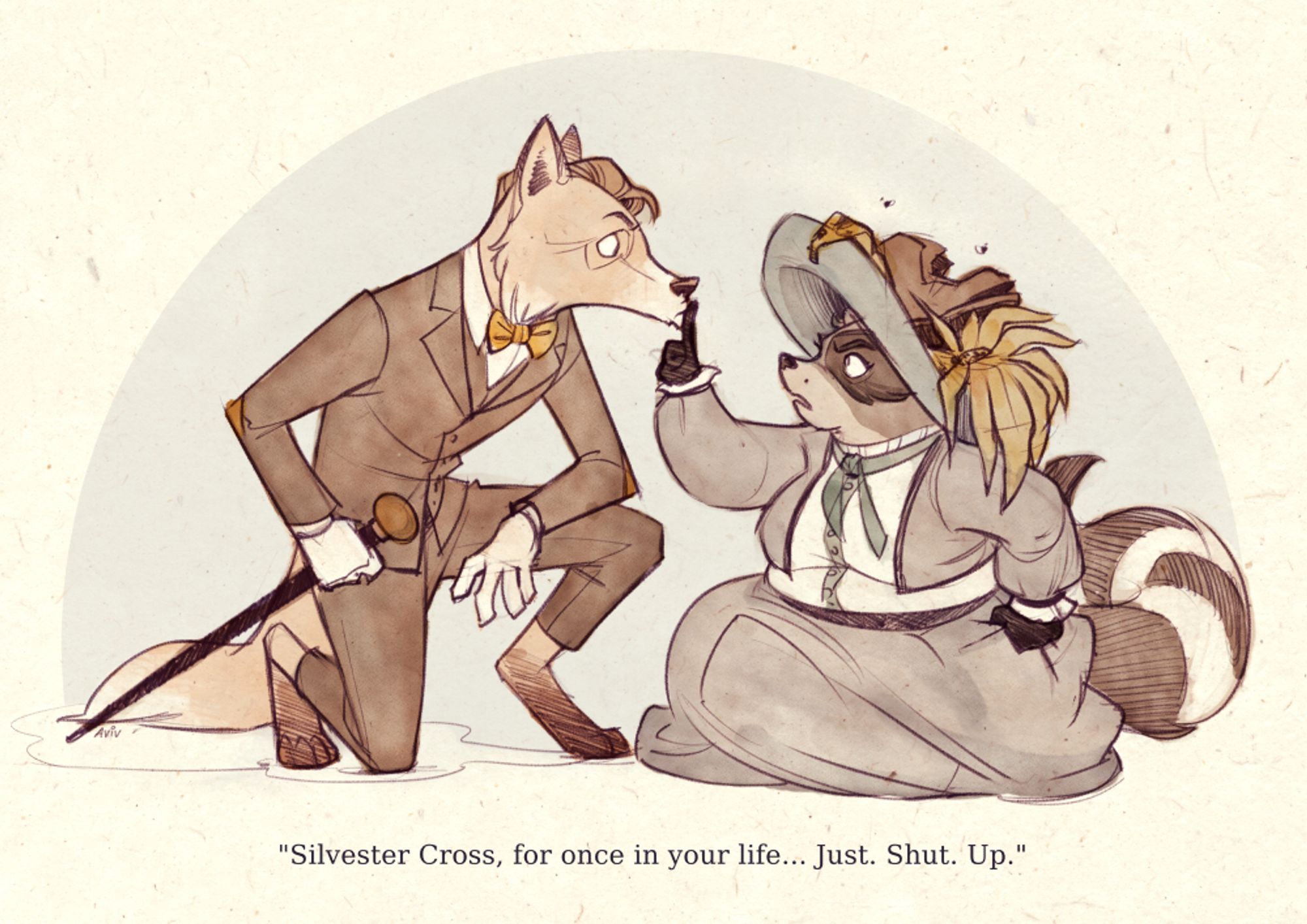 A children's storybook style illustration of Dimension 20's "Mice and Murder". Sylvester Cross and Daisy D'umpstaire sitting on the ground. Daisy has a finger on his lips, and the text underneath reads "Silvester Cross, for once in your life... Just. Shut. Up."