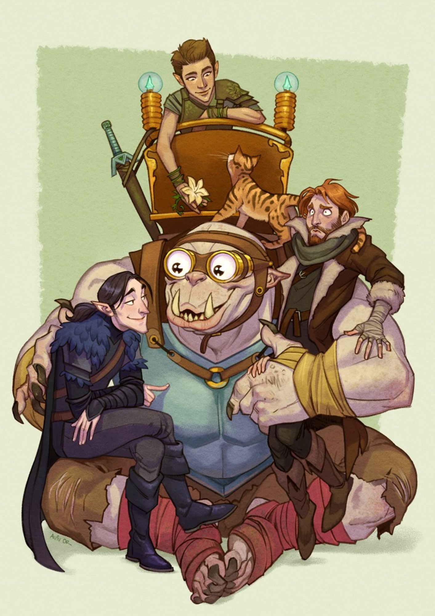 Colour illustration with a composition of [some of] Liam O'Brien's Critical Role characters: Buddy the Ogre is sitting in the middle and smiling adoringly at Vax, who is sitting cross-legged on Buddy's right knee and poking him playfully in the chest. Buddy's left arm is holding a distressed-looking Caleb slightly above the ground, and the platform on his back has Orym smiling gently at Frumpkin and holding out a flower towards him.