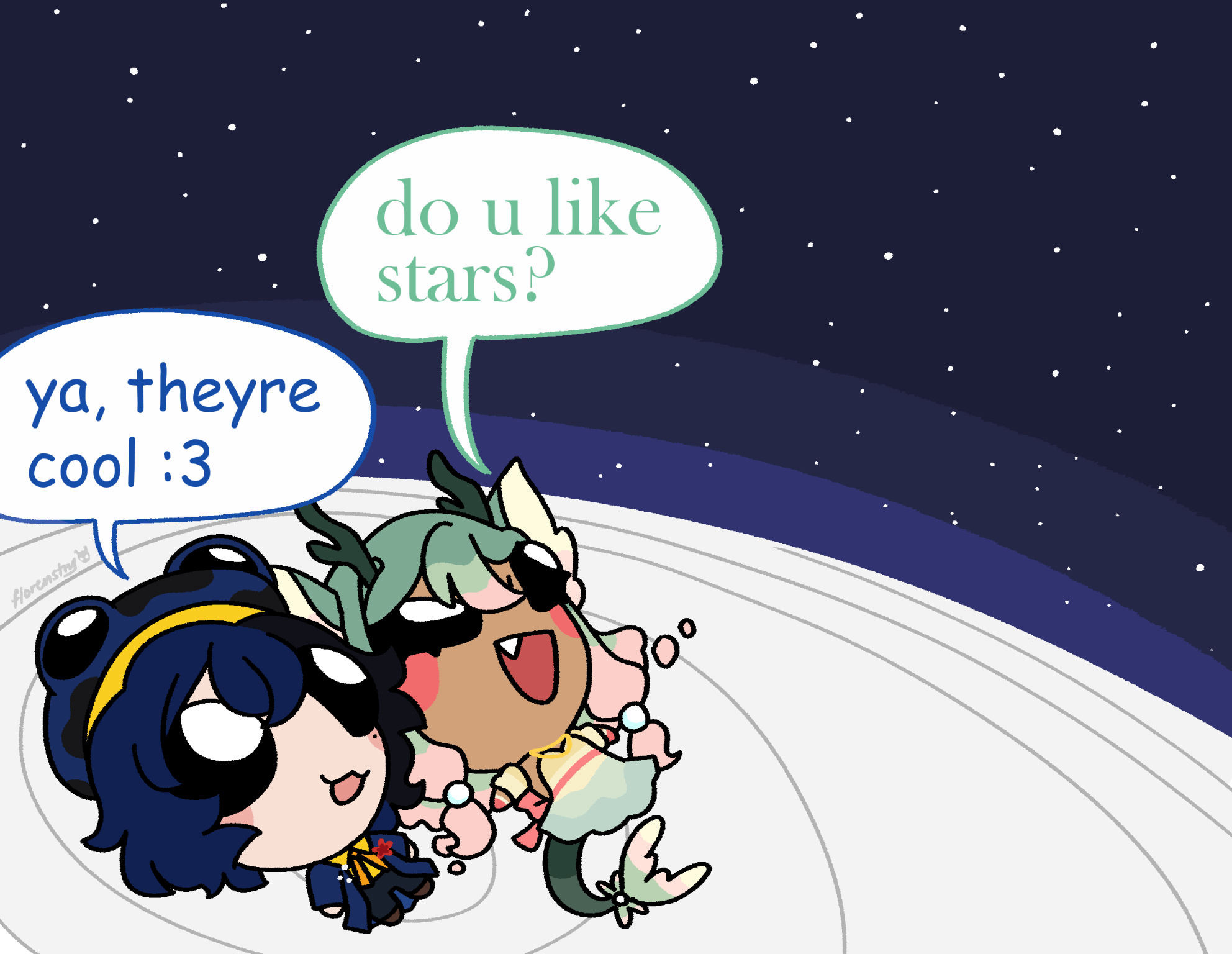 dongil (left) and lotus (right) drawn in the art style of the aliens of lilalienz4ever (twitter). they are looking at the stars while laying on the moon. text reads "do u like stars?" and "ya, theyre cool :3" /end