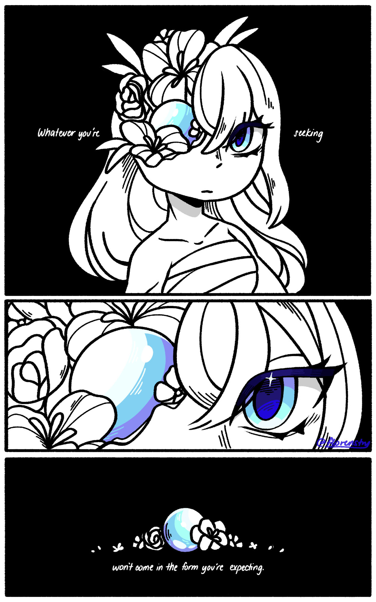 Art of my Demon Slayer OC Hitomi. There are three panels. The first panel features Hitomi with half of her head open with a pearl and flowers. The second panel is a close up of her eyes. the third panel is just the pearl and the flowers. The full text of the comic reads "Whatever you're seeking won't come in the form you're expecting."