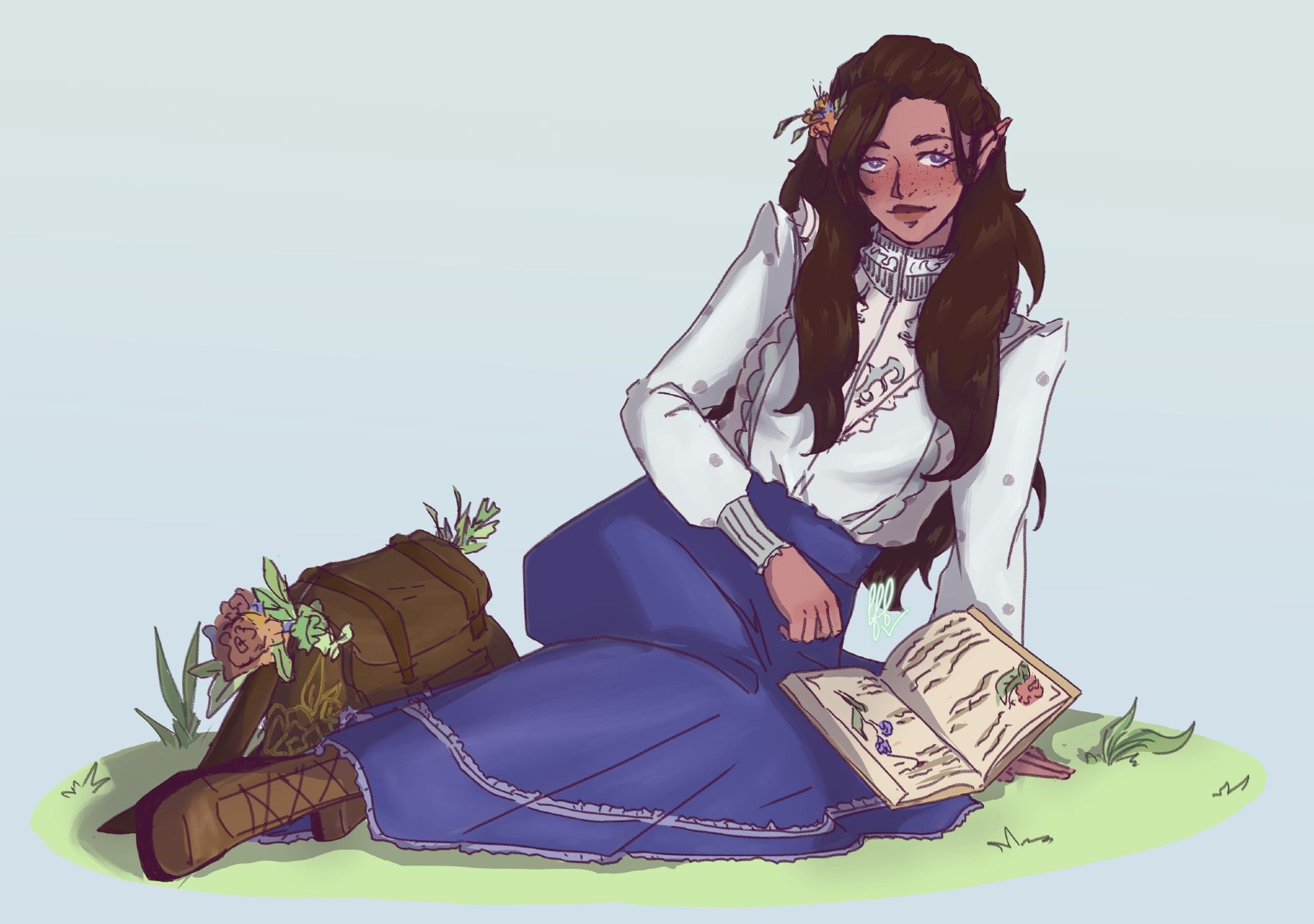 a woman dhampir sitting on the ground with a book and her backpack