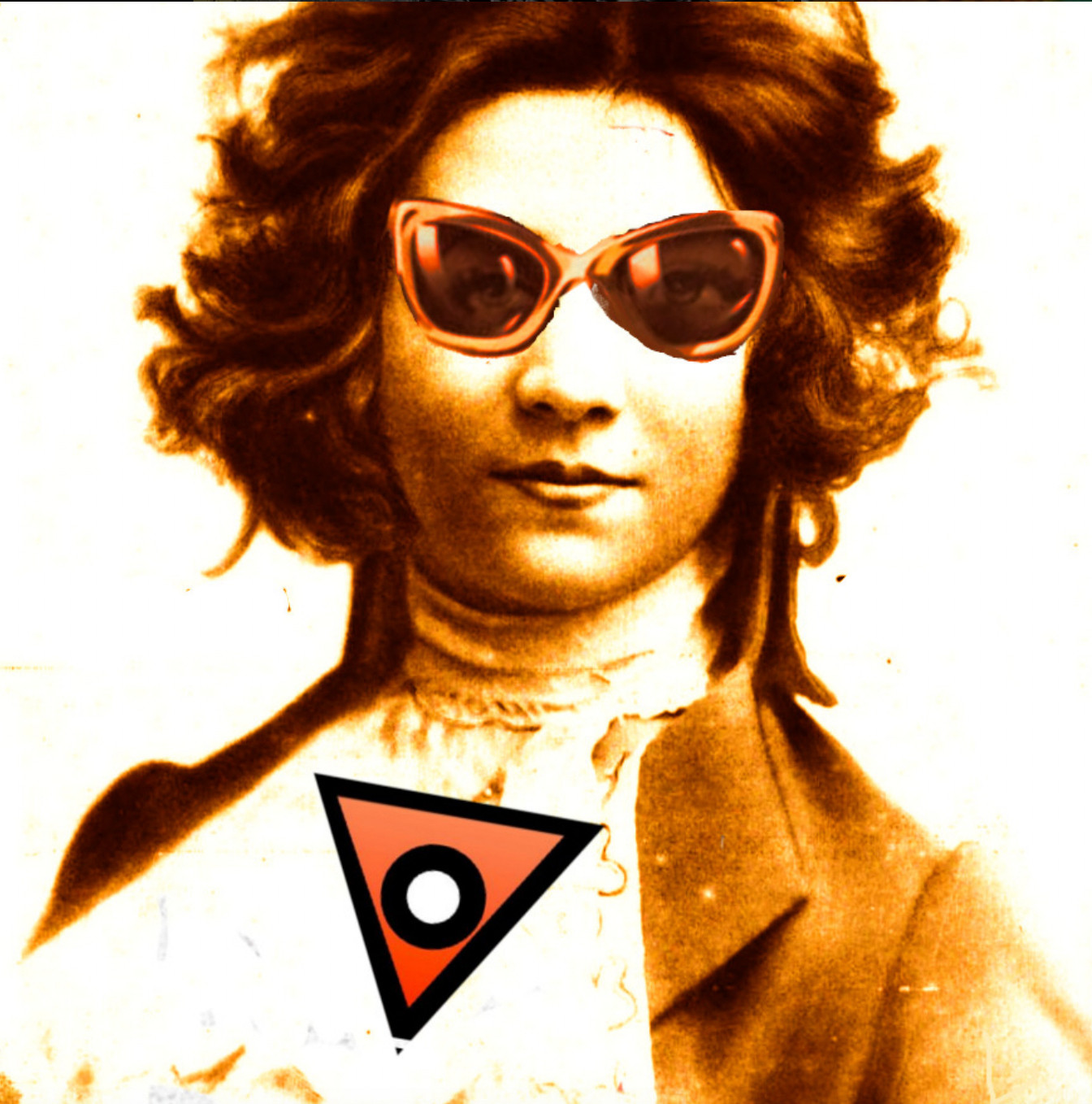 unkempt hair in 18th century musical genius style, 1950s sunglasses, large cravat, imprinted with inverted triangle logo of Illuminati Ganga