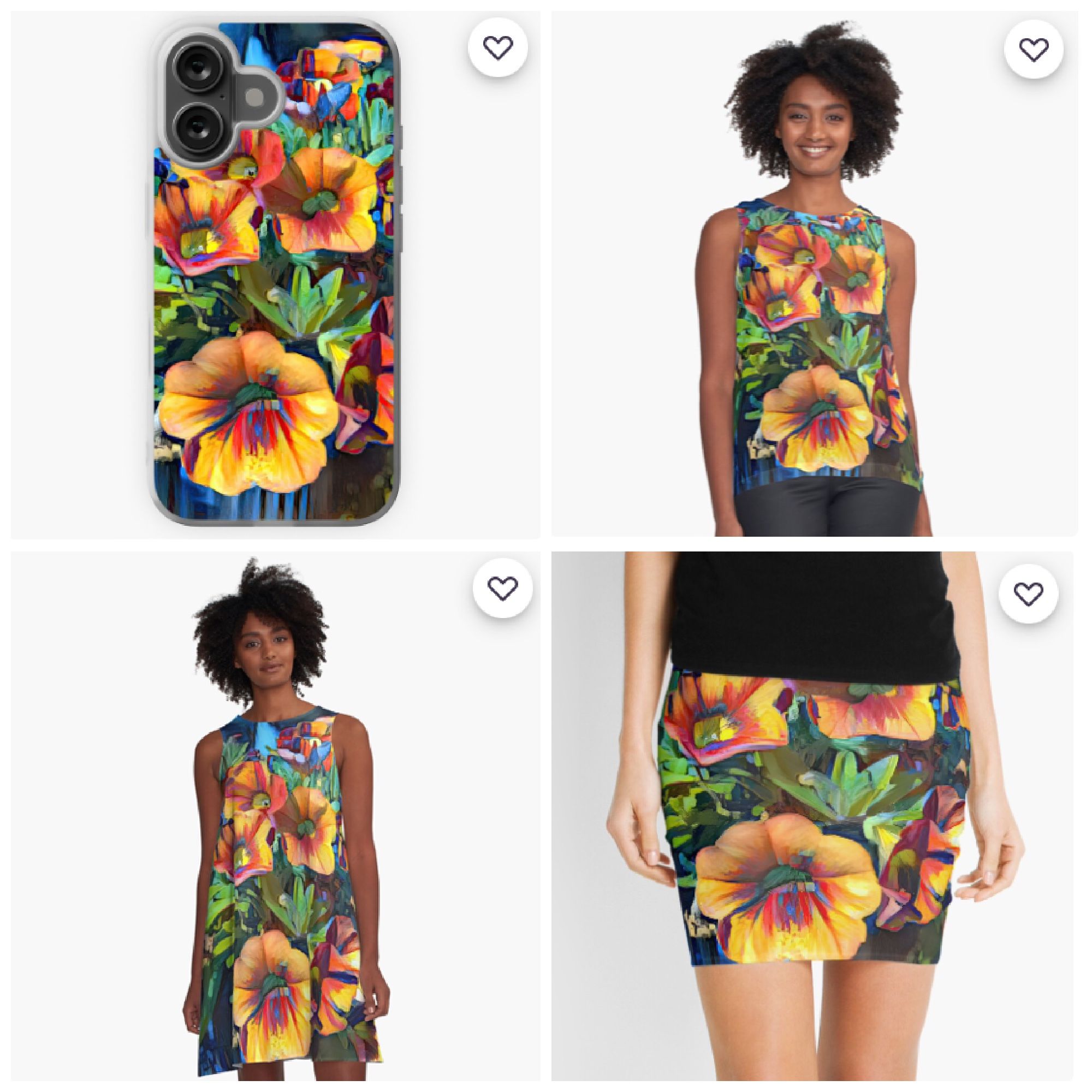 Colorful painterly petunias in yellows, oranges, and reds against greenery, displayed on four products: a phone case, a tank top, an a-line dress, and a pencil skirt. All are full-bleed (printed all over).