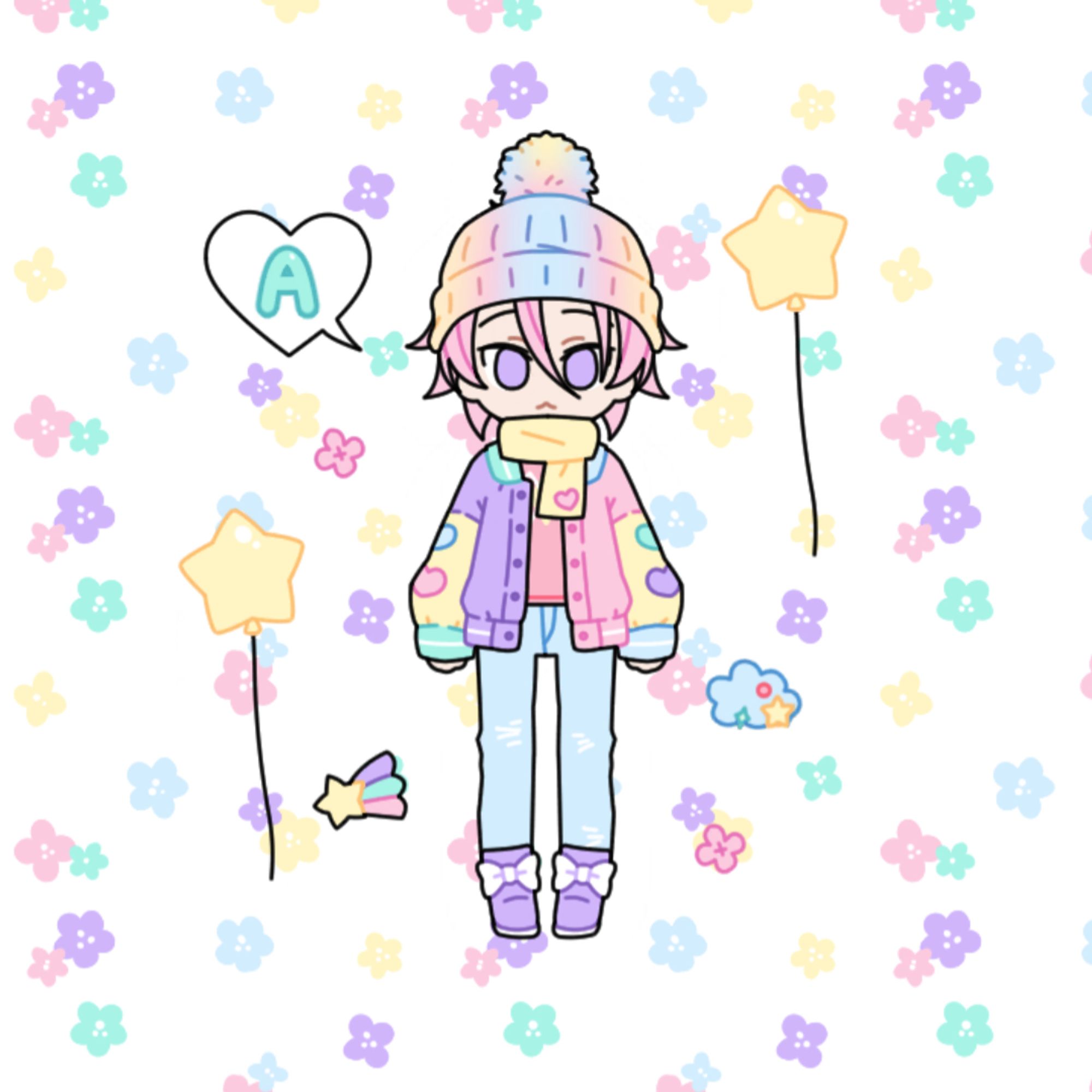 Screenshot from the dress up mobile game Pastel Girl. I designed a character who looks similar to Kohaku from Ensemble Stars. He's wearing a pink sweater, multicolored varsity-style jacket, light blue jeans, purple boots with ribbons, a yellow scarf, and a rainbow-colored pom pom beanie. He has a cat-like frown on his face and a heart-shaped speech bubble next to him that says "A" (for Aira!).