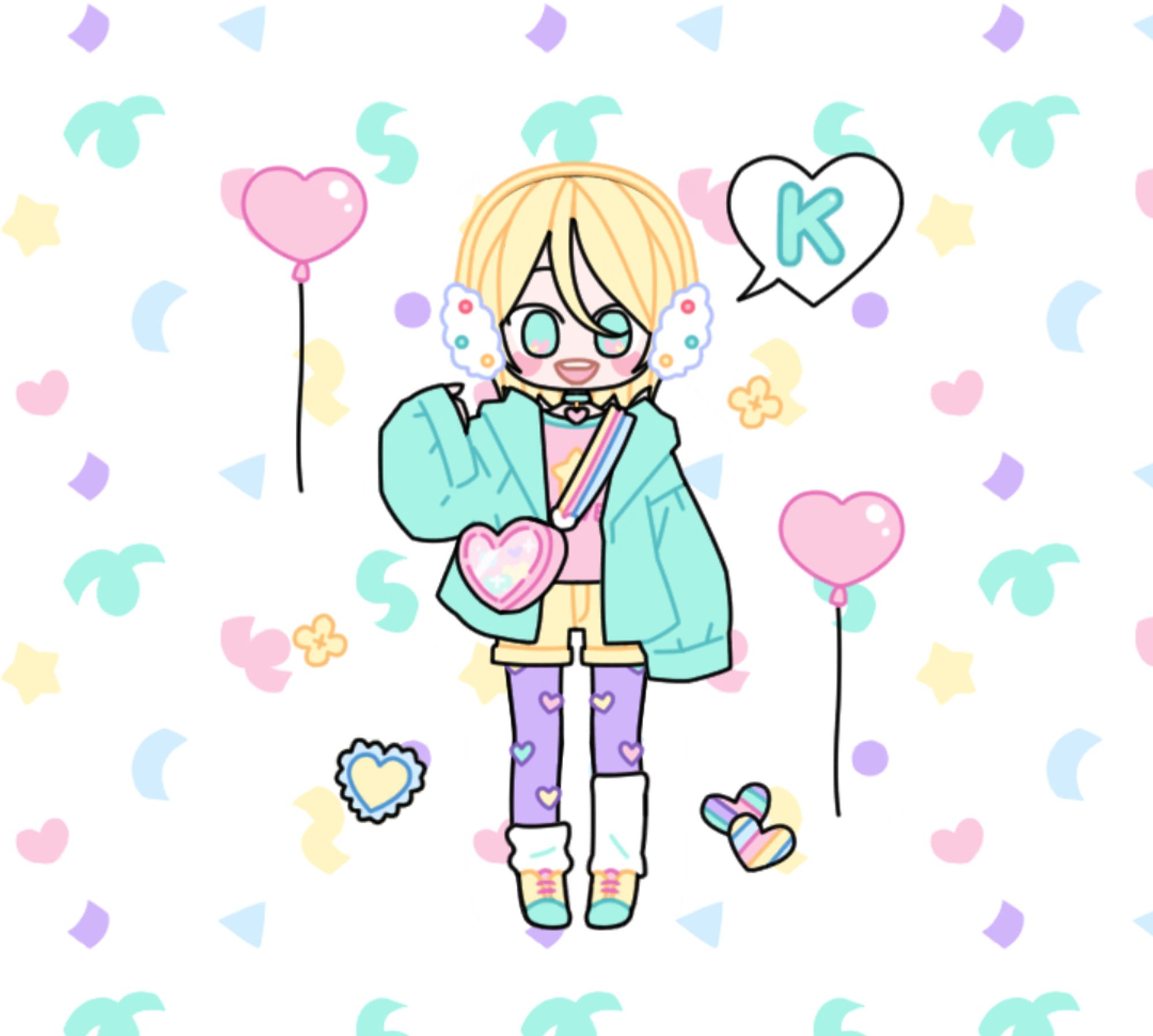 Screenshot from the dress up mobile game Pastel Girl. I designed a character who looks similar to Aira from Ensemble Stars. He's wearing a pink shirt, yellow shorts, green oversized jacket, purple tights with hearts on them, yellow shoes with slouchy white socks, a pink heart-shaped pin bag, and white earmuffs. He has a smile on his face and a heart-shaped speech bubble next to him that says "K" (for Kohaku!).