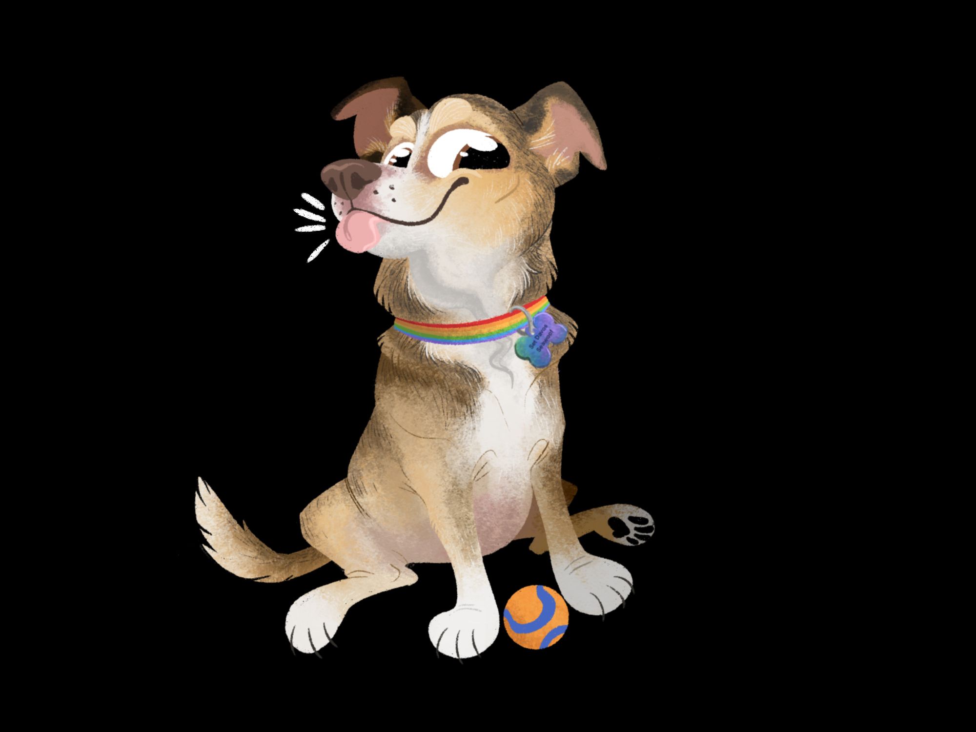 A scrunkly cartoon version of Ser Davos Seawoof, a mini aussie shepherd and pit bull mix the color of a pumpkin spice latte, sticking his tongue out and giving an epic side-eye. He has his rainbow collar on and A BALL (orange and blue) between his forepaws.