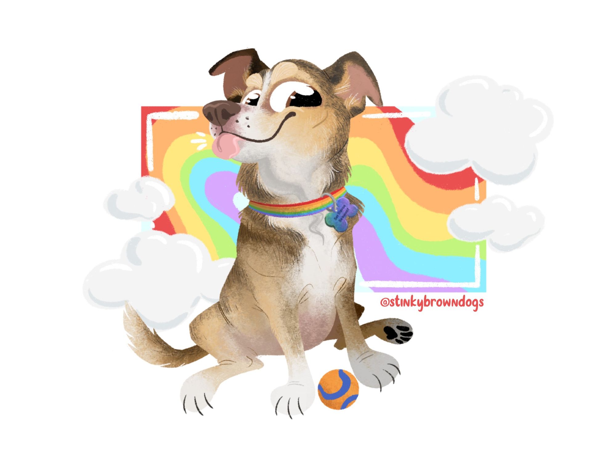 A scrunkly cartoon version of Ser Davos Seawoof, a mini aussie shepherd and pit bull mix the color of a pumpkin spice latte, sticking his tongue out and giving an epic side-eye. He's in front of a rainbow background with clouds & he has his rainbow collar on and A BALL (orange and blue) between his forepaws.