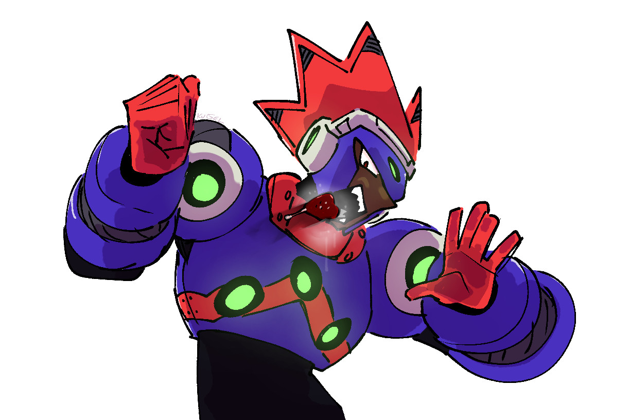 art of blast man.
blast mans body is turned sideways, and his tongue is out. he seems to be licking the screen, and his hands are also on the screen, one balled up in a fist like he was banging on it. 