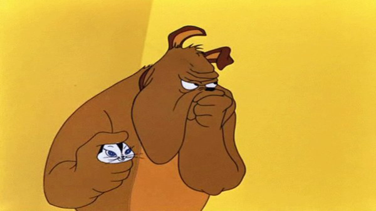 The meme of Marc Antony the bulldog holding the small cat Pussyfoot from Looney Tunes.