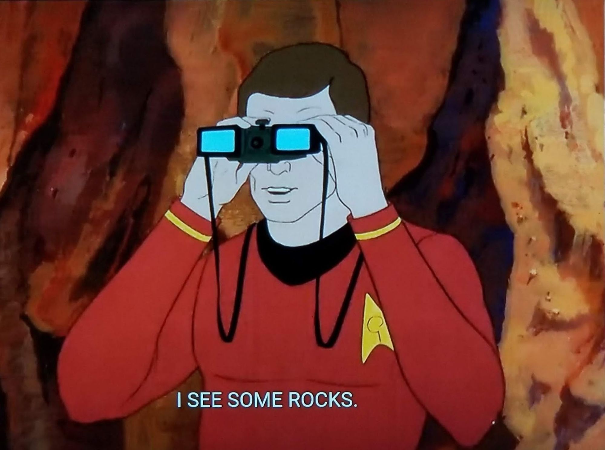 The Animated Series scene. We're outside and there's a guy in red Starfleet uniform standing in front of a rock wall. He's got (futurey) binoculars around his neck and he's holding them up looking through them. Must be something amazing he's looking at. Closed caption reads, "I see some rocks."