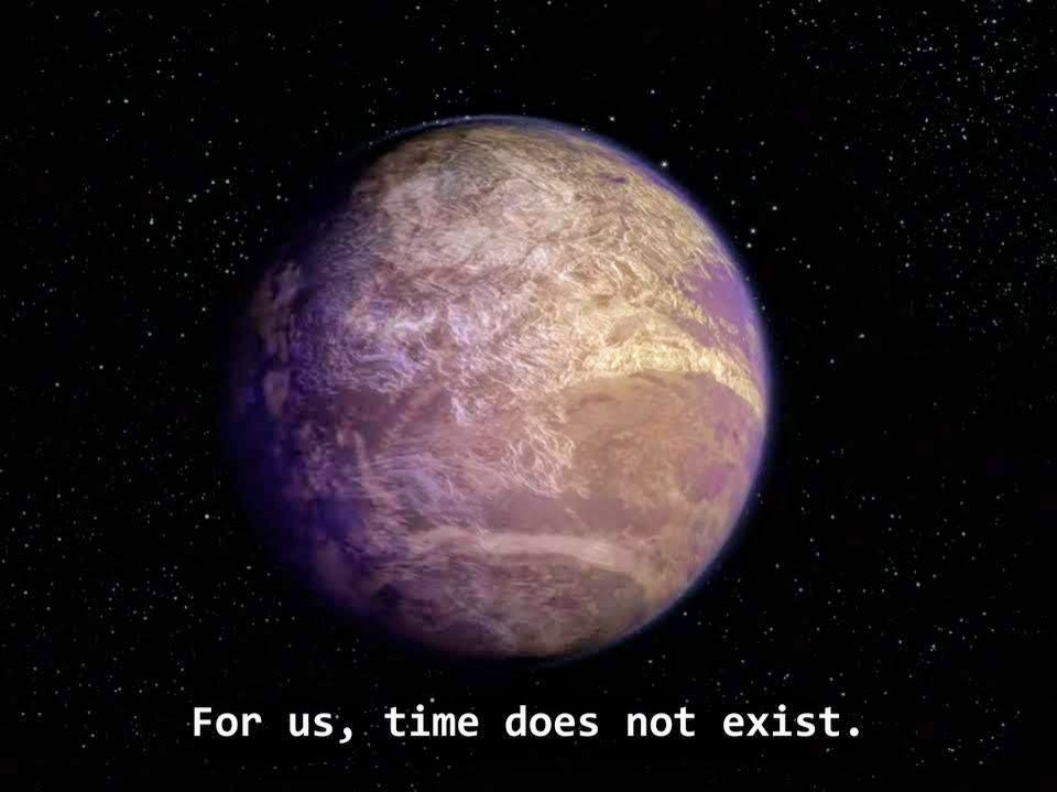 TOS scene. We're focused on a planet in space, with deep space behind it. That's it. Nothing whacky. 
Closed caption reads, "For us, time does not exist."