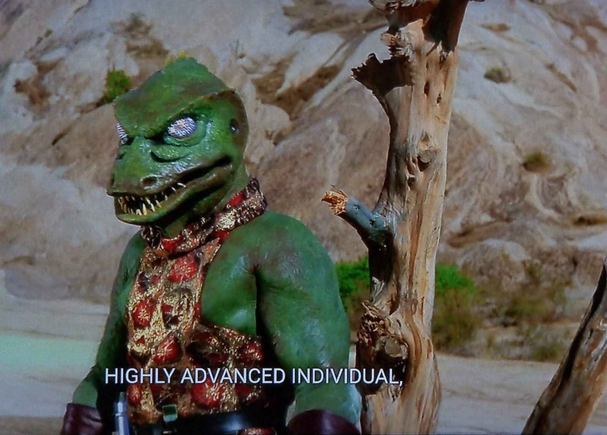 TOS scene. We're outside on a desert rocky planet. We see a big green lizard standing up and lookng menacing. Lizard guy has big glittery silver eyes and a longer snout with sharp threatening teeth showing. He's wearing a glittery gold and red tunic with arms out for full gun show effect and let me just say this lizard is swol. Closed caption reads, "HIGHLY ADVANCED INDIVIDUAL."