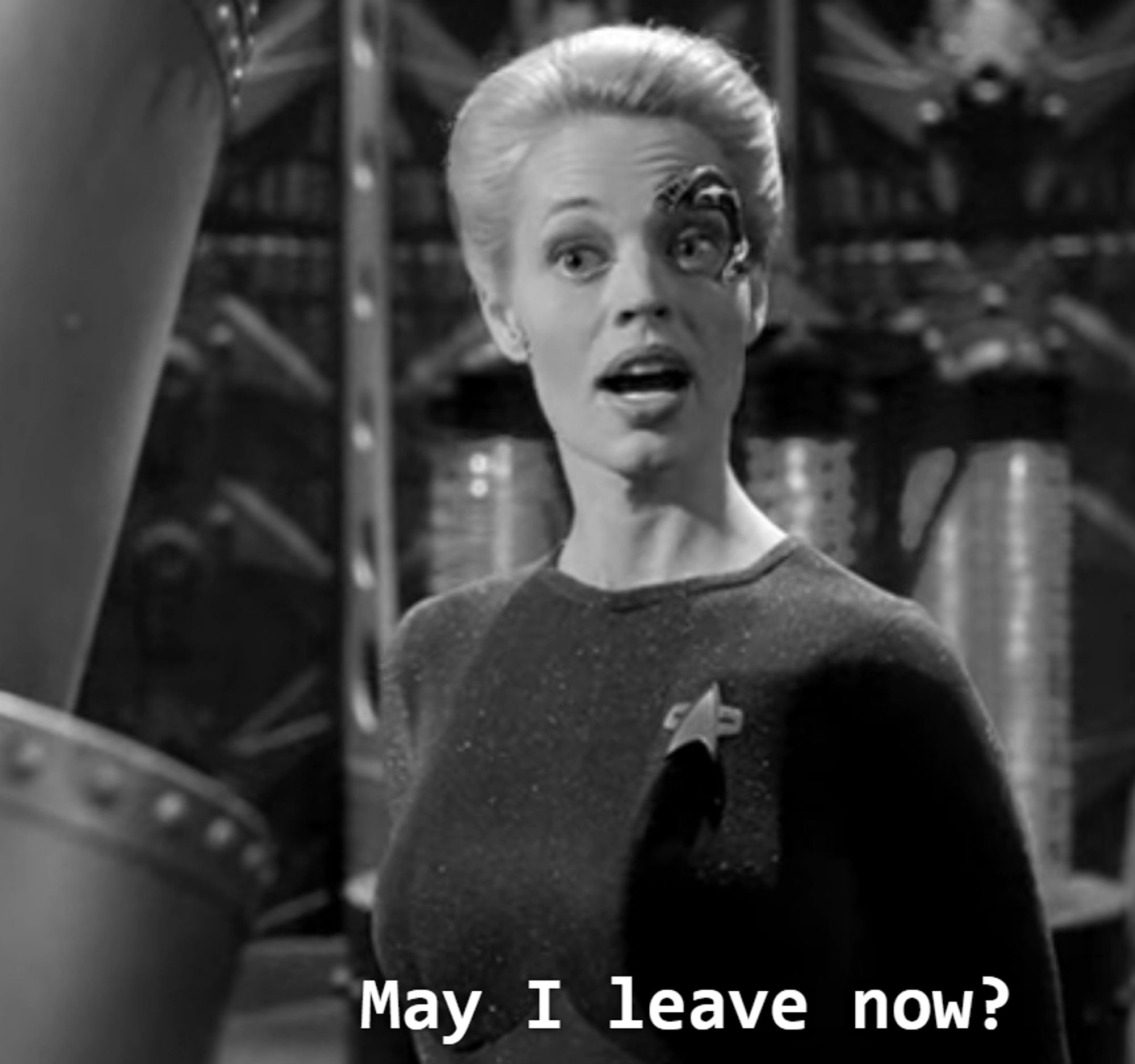 Voyager scene, but this one is in black and white. There's some  space ship type metal tubing and machinery in the background, and up close is Seven of Nine (Tertiary Adjunct of Unimatrix 01) in uniform. She has the dolphin shaped thingy above her eye because she is a Borgs. She is speaking here, and looking quite hoighty-toighty in her posture. Closed caption reads, "May I leave now?"