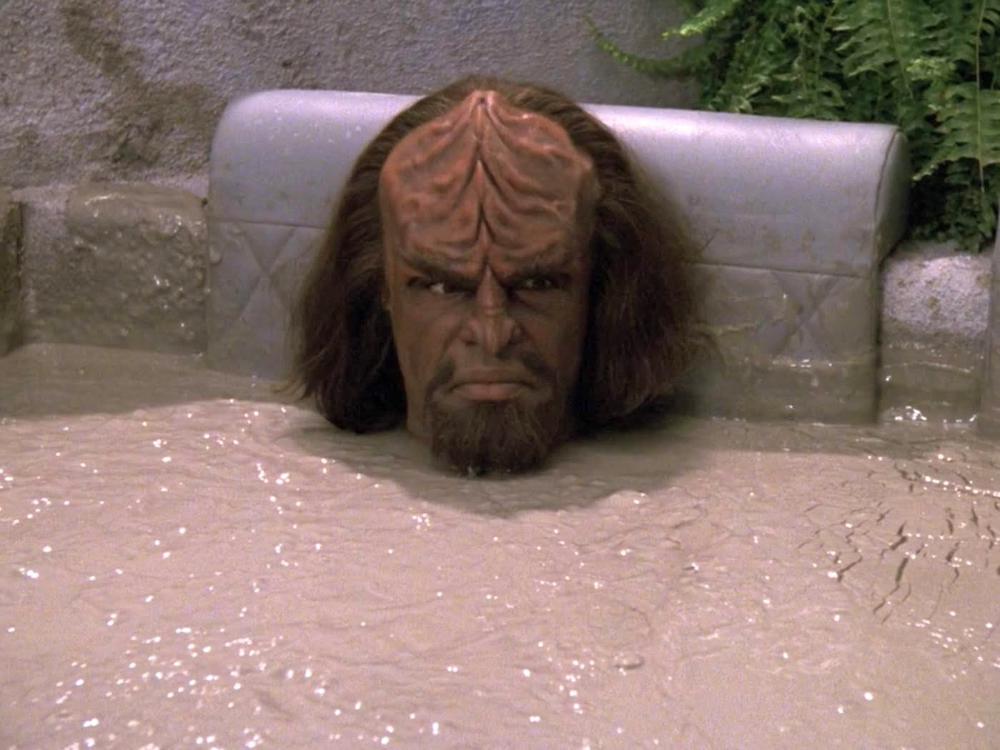 Star Trek The Next Generation scene. Ok, so Worf's in a mud bath at some kind of spa. All we see is Worf's head, the entire rest of him submerged. In mud. With a frowny yucky face, it would appear he's very unhappy about it. No caption. 
