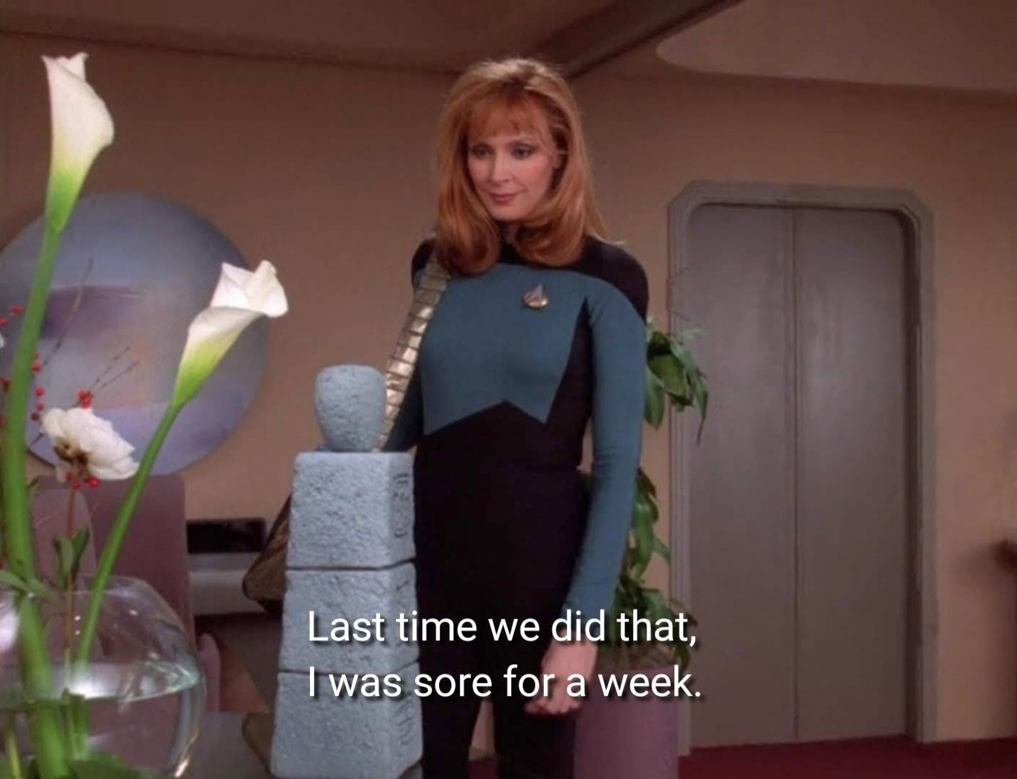 TNG scene. We're in personal quarters and looking at Dr. Beverly Crusher in uniform. The room is decorated like a Best Western hotel room circa 1992 with a round art piece on the wall, some fake plants in the back, and a round vase with calla lillies. She has a bag slung o'er her shoulder and has stopped to look at a sculpture/art piece on the table. It looks like 3 stone blocks stacked on top of one another but getting slightly smaller as they go, and sitting on the top is a more rounded stone. Closed caption reads, "Last time we did that, I was sore for a week."