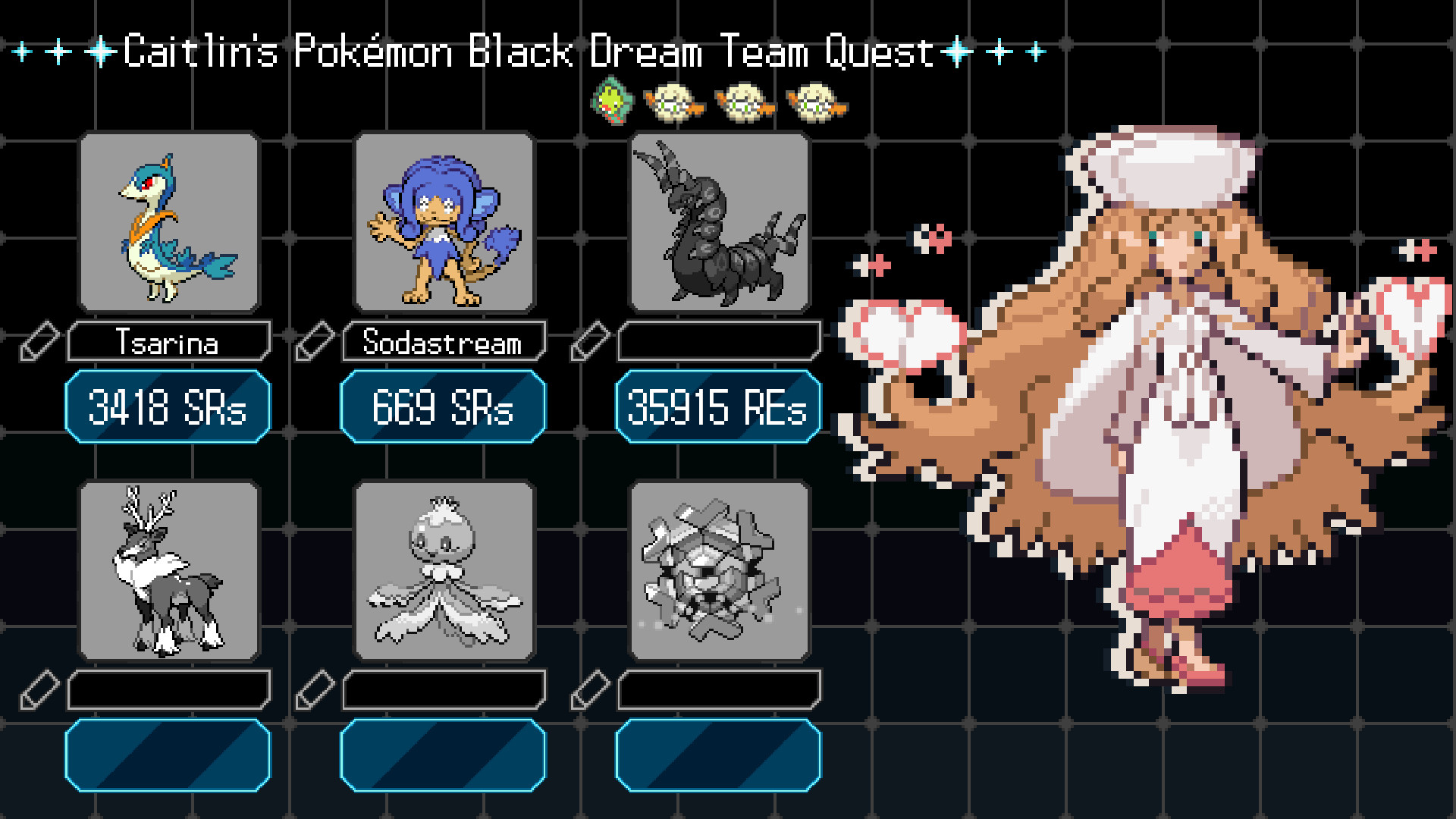 A graphic showing a team of Pokemon titled "Caitlin's Pokémon Black Dream Team Quest". It features a shiny Servine with "3418 SRs" written beneath. Shiny Panpour with 669 SRs, and a greyed out Scolipede with "35915 REs" written under it, with a shiny Sewaddle and three shiny Cottonee shown above as the phases. Sawsbuck, Frillish and Cryogonal are greyed out.