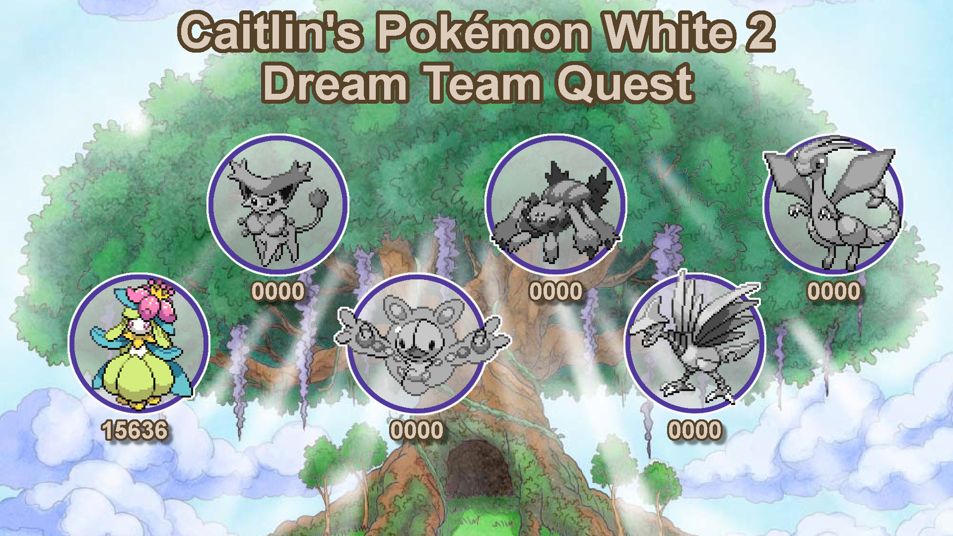 A graphic labelled "Caitlin's Pokémon White 2 Dream Team Quest". It shows six Pokemon, a shiny Lilligant with "15636" written under it. Appearing greyed out are Delcatty, Reuniclus, Galvantula, Skarmory and Flygon.