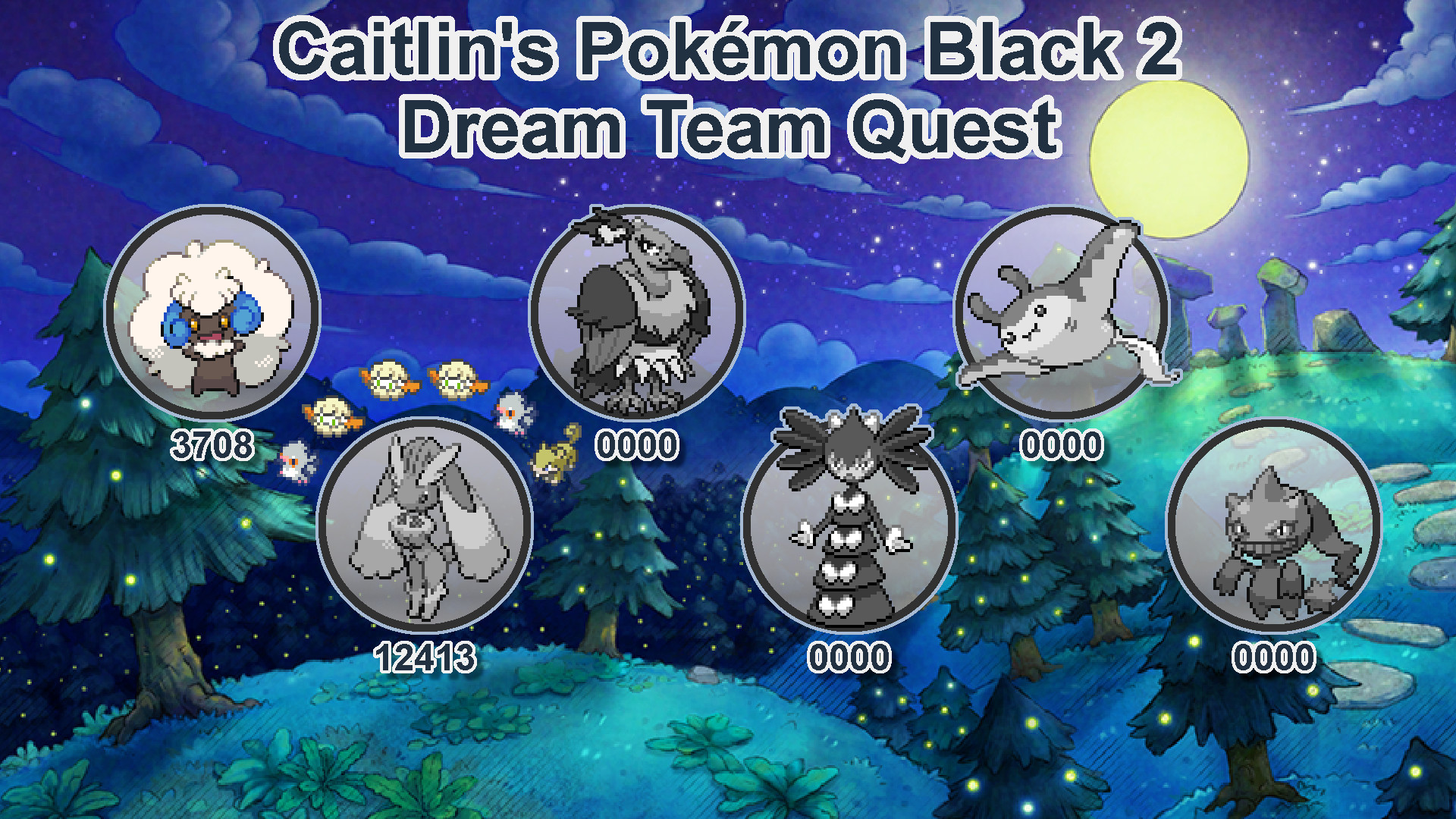 A graphic labelled "Caitlin's Pokémon Black 2 Dream Team Quest". It shows six Pokemon, a shiny Whimsicott with "3708" written under it, a greyed out Lopunny with "12413" written under it. Above the Lopunny are two shiny Pidove, three shiny Cottonee and a shiny Rattata, being the phases. Also greyed out are Mandibuzz, Gothitelle, Mantine and Banette.