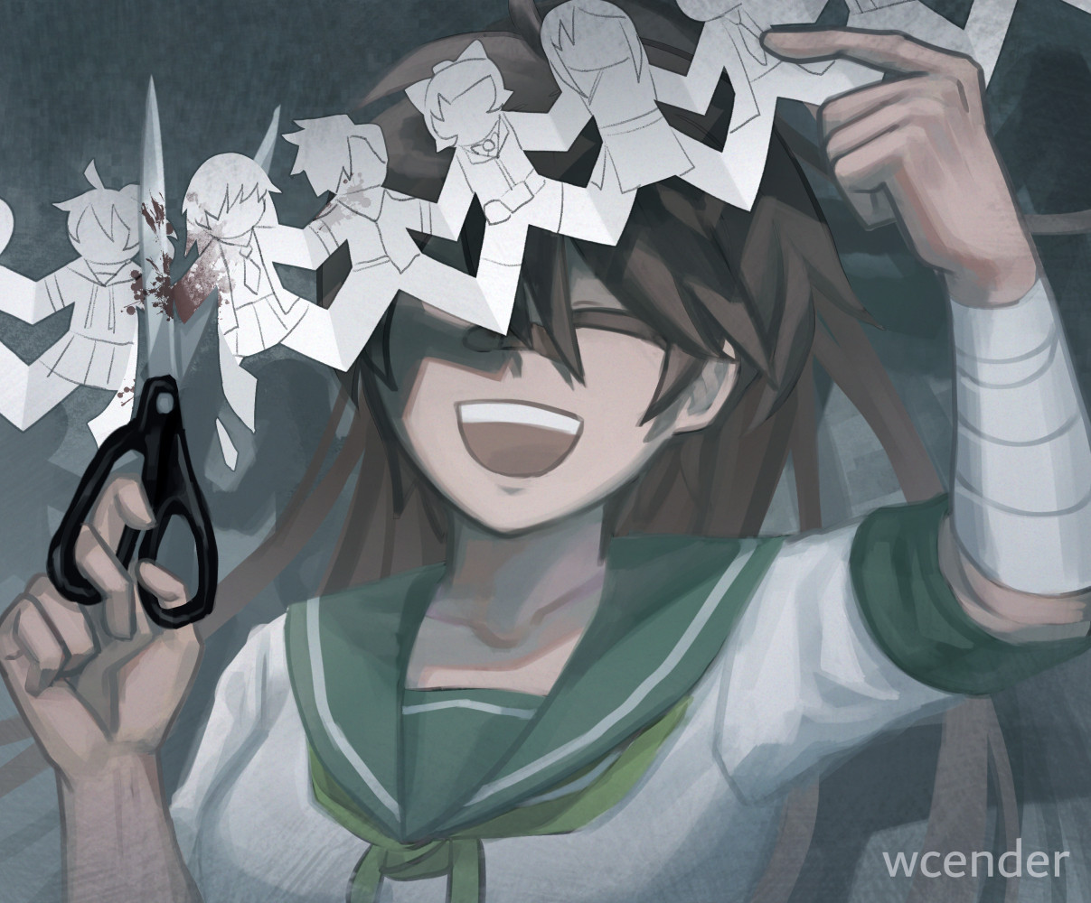 A drawing of Teruko Tawaki (from Danganronpa Despair Time) cutting a line of paper dolls with scissors while smiling.