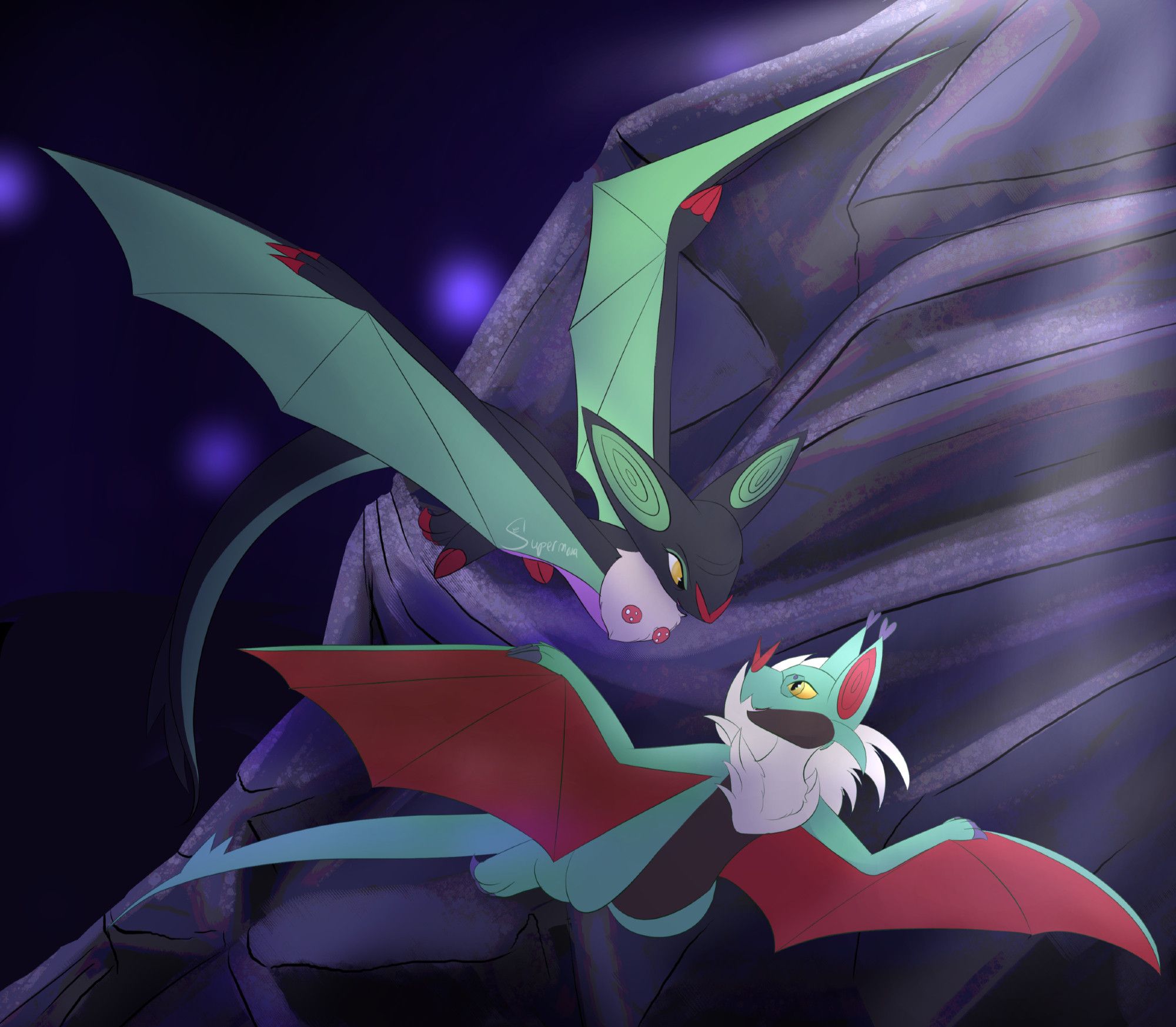 A standard noivern and shiny noivern are flying alongside each other in a dimly lit cave.