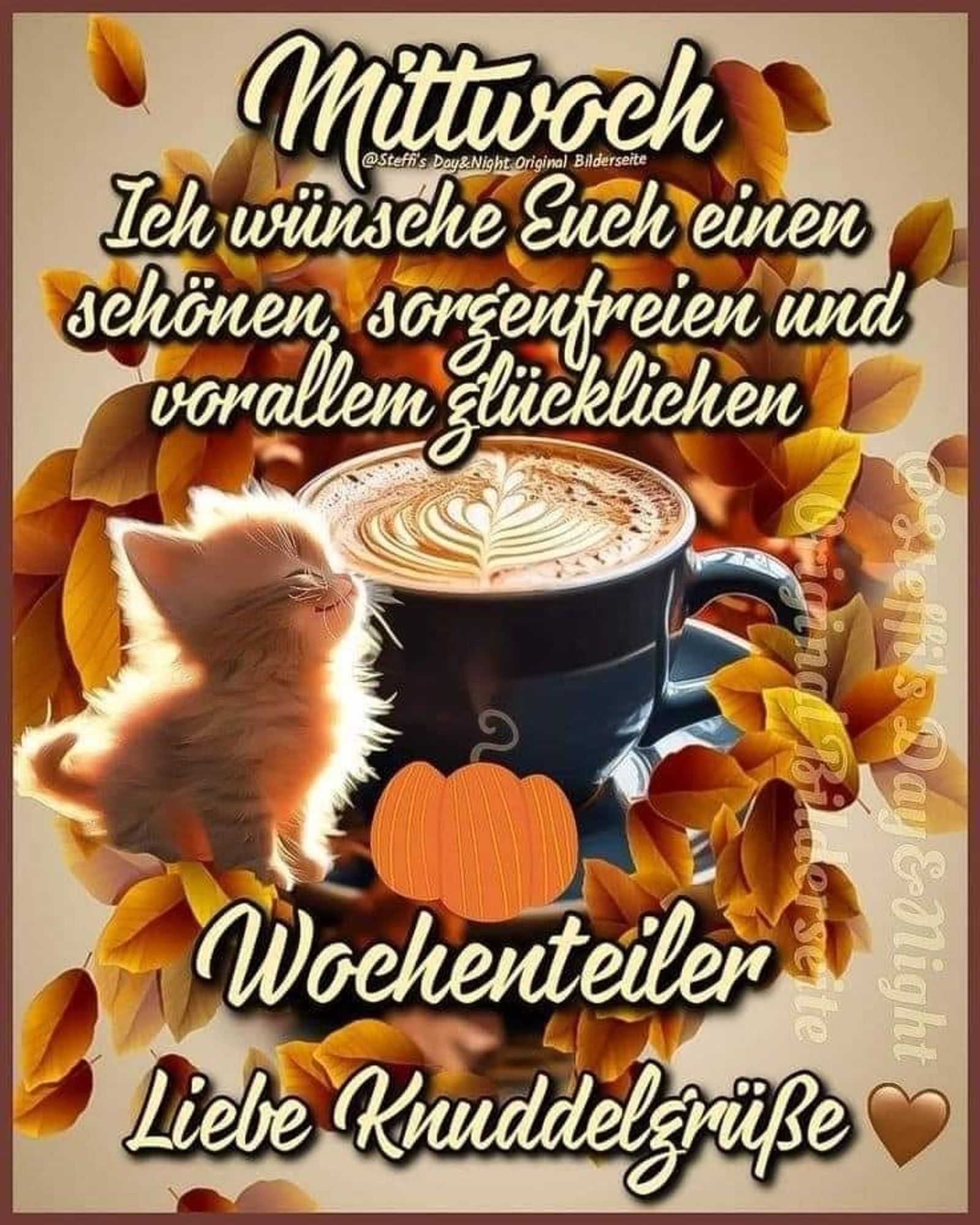 Eine Tasse Kaffee mit einem Kätzchen auf der Untertasse umgeben von Herbstlaub. Dazu steht:

Mittwoch 

Ich wünsche Euch einen schönen, sorgenfrei und  vor allem glücklichen 

Wochenteiler 

Liebe Knuddelgrüße