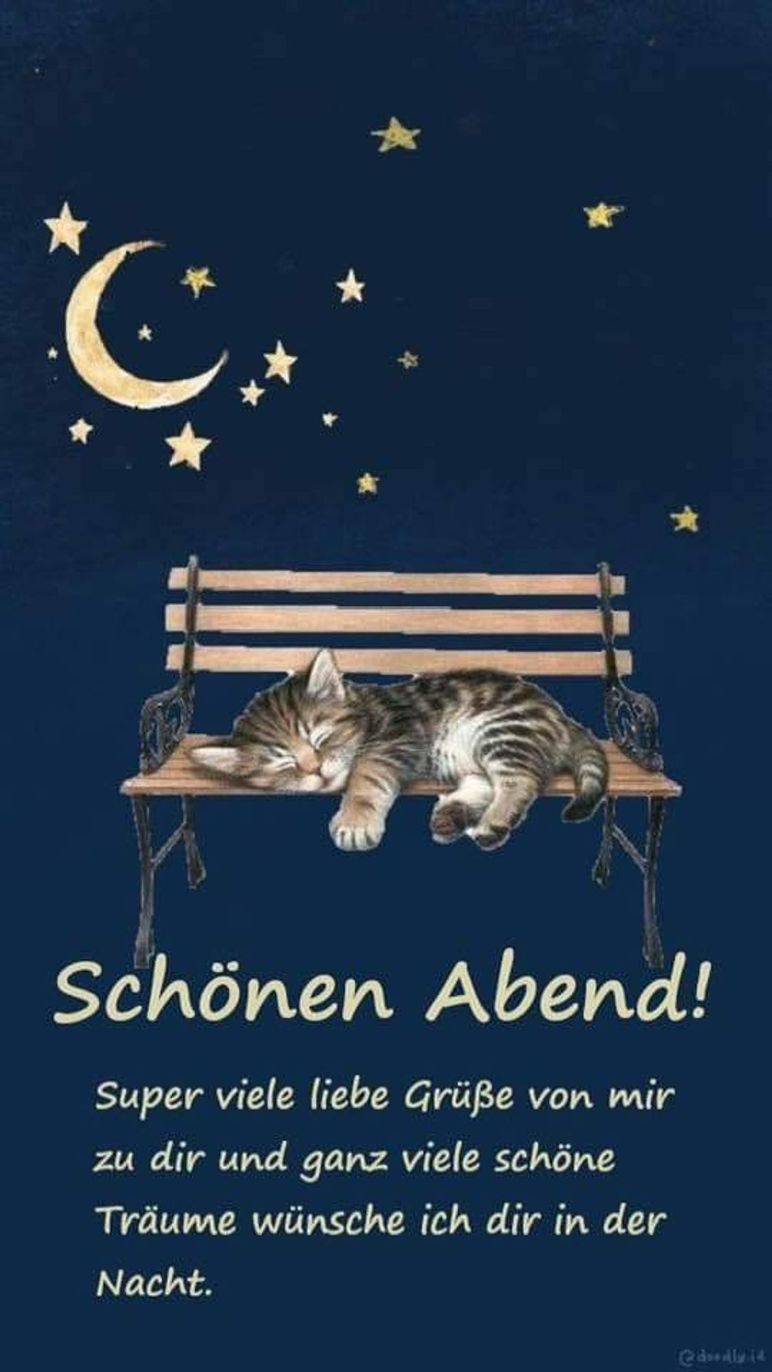 Ein gezeichnetes Bild zeigt eine schlafende Katze auf der Parkbank und darüber Halbmond und Sterne. Dazu steht: 

Schönen Abend!

Super viele liebe Grüße von mir zu dir und ganz viele schöne Träume wünsche ich dir in der Nacht.