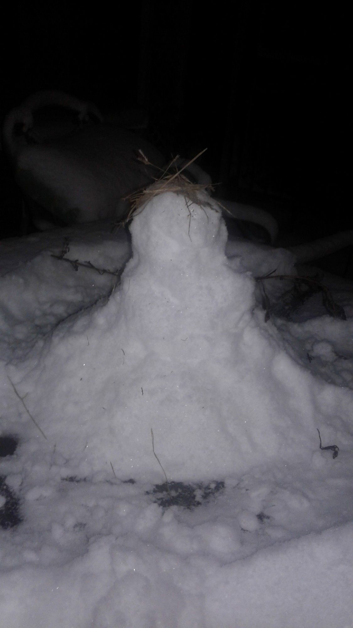 A snowman with messy hair.